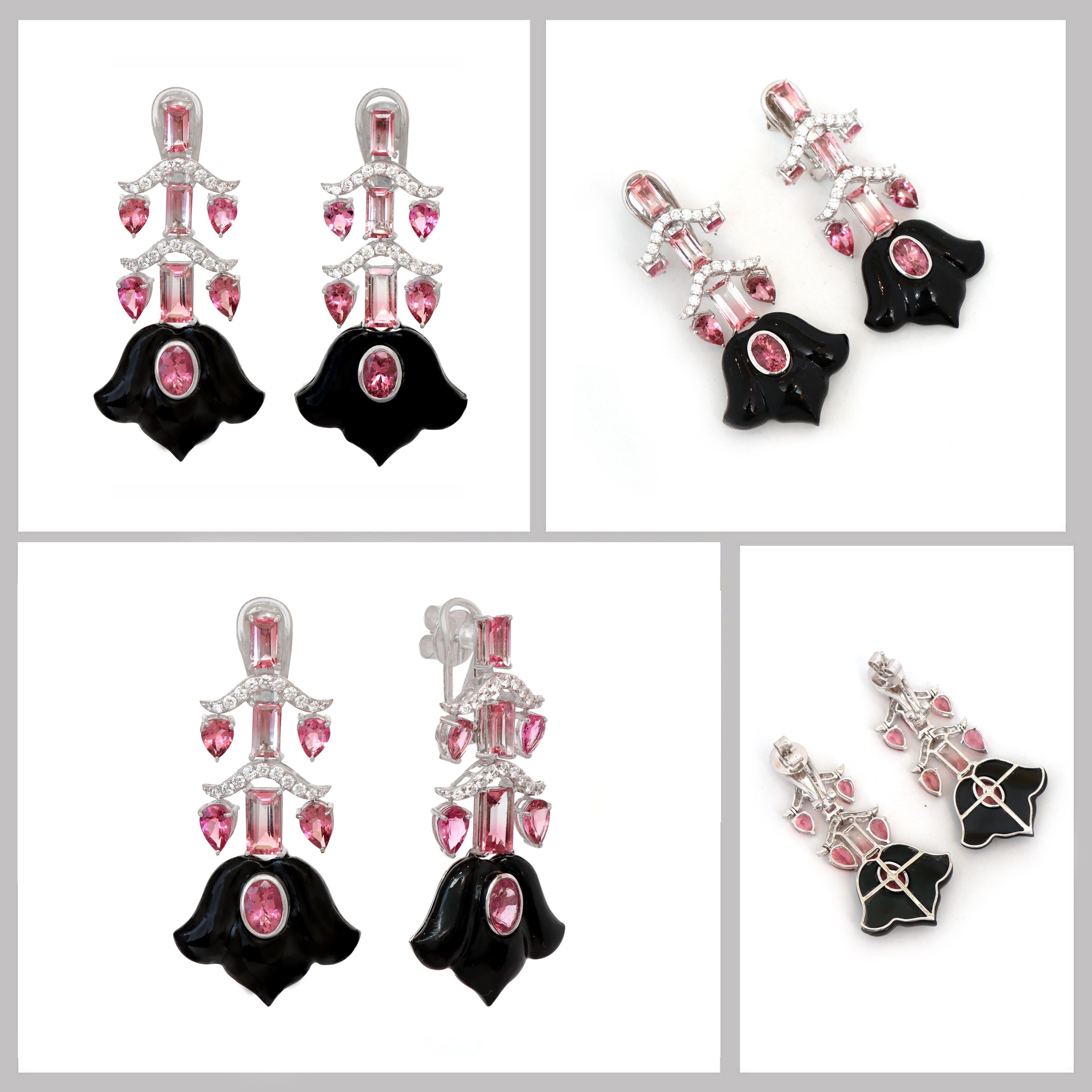 Taglio a goccia Orecchini con tormalina rosa e onice nero in oro bianco 18k in vendita