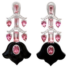 Pendientes de Oro Blanco de 18k con Turmalina Rosa y Ónix Negro