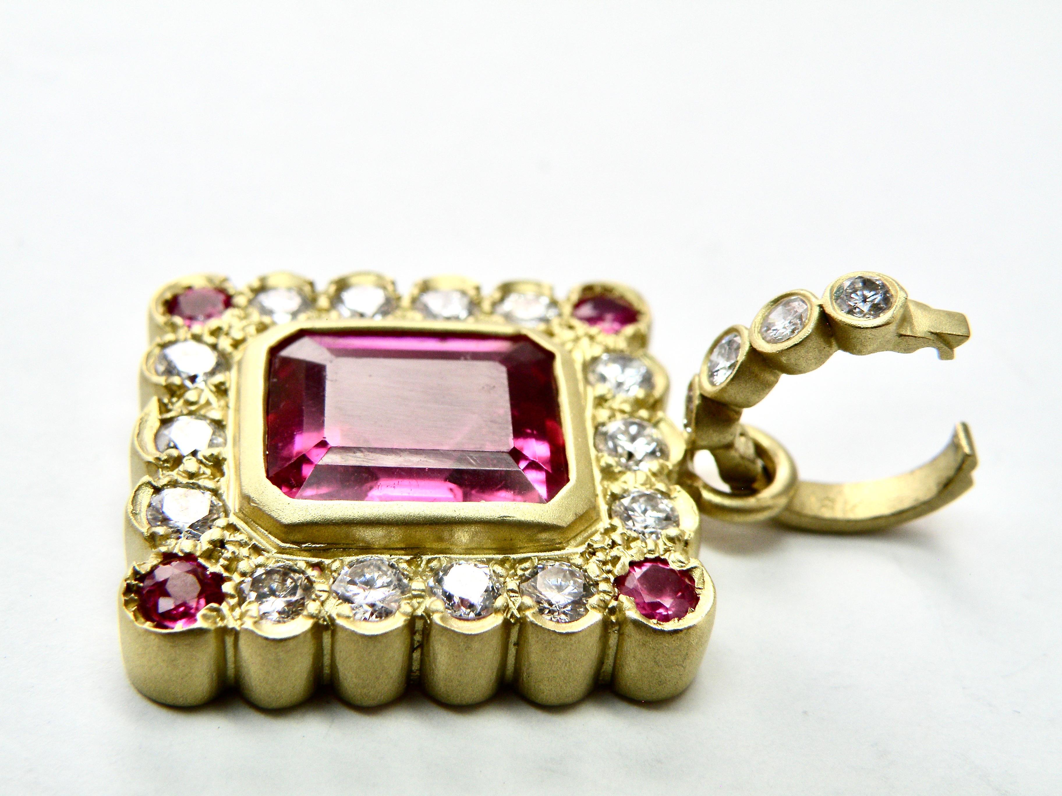 18K pink tourmaline surrounded by diamond pendant