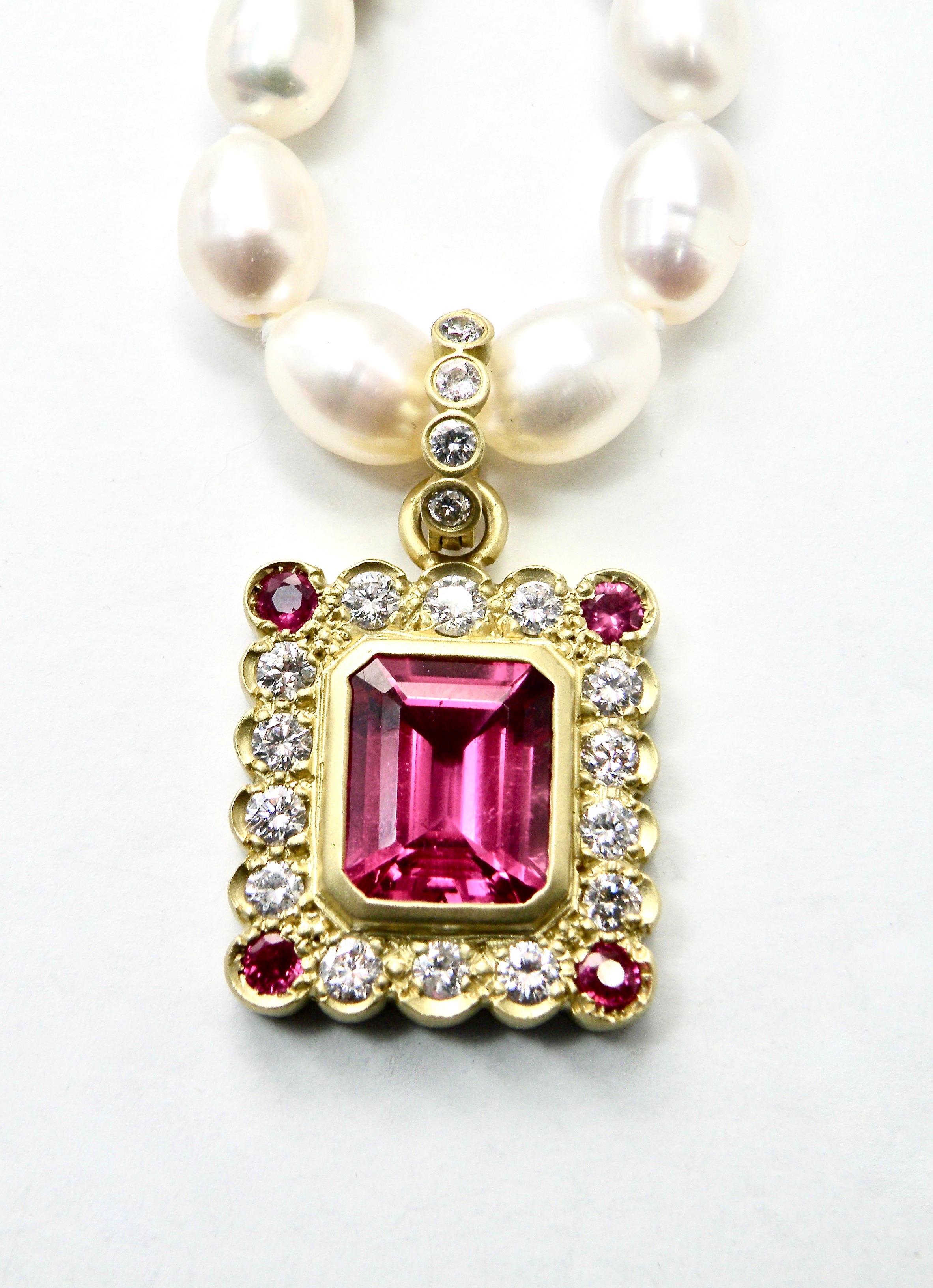 Contemporary 18K Pink Tourmaline and Diamond Pendant For Sale