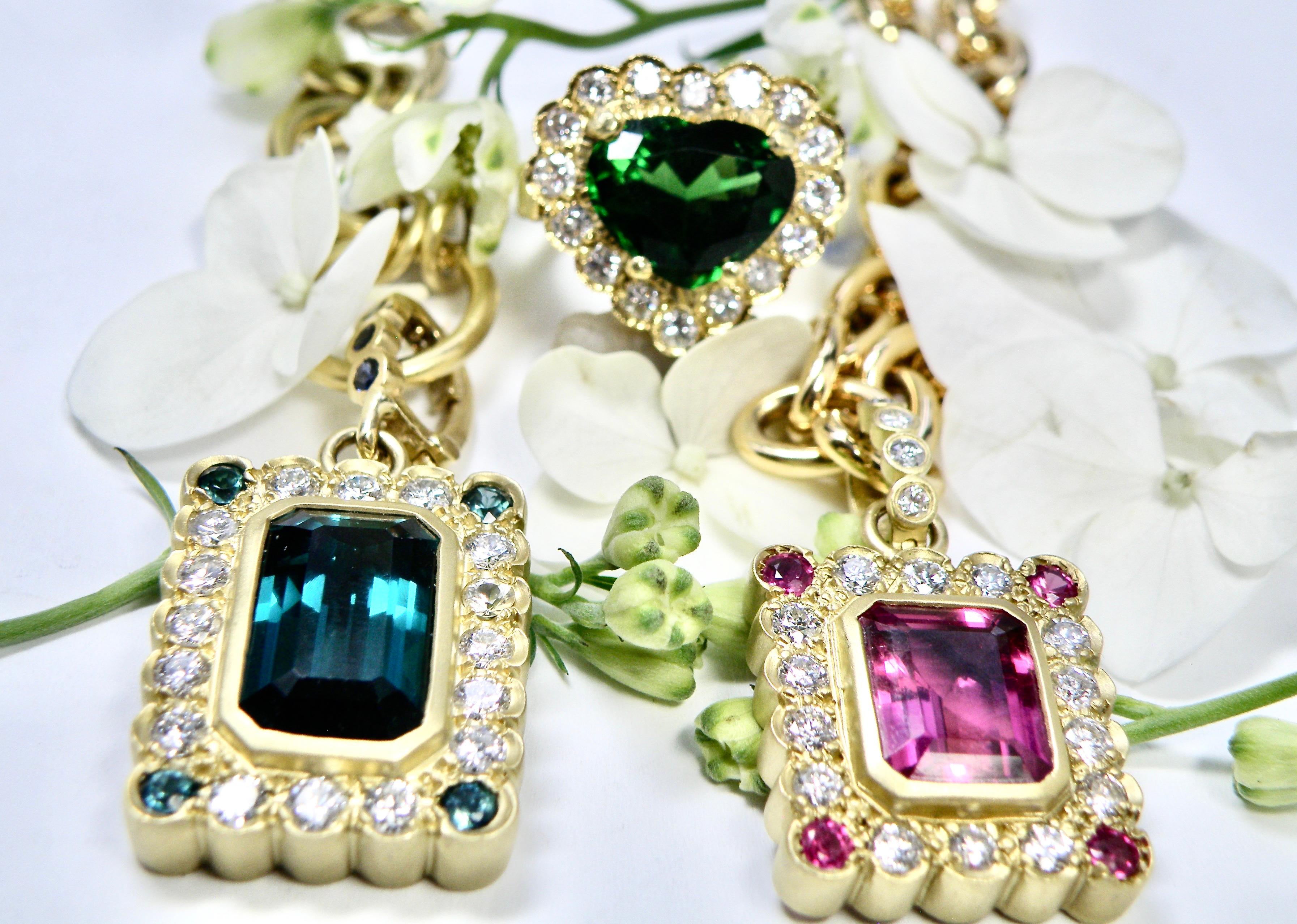 Emerald Cut 18K Pink Tourmaline and Diamond Pendant For Sale