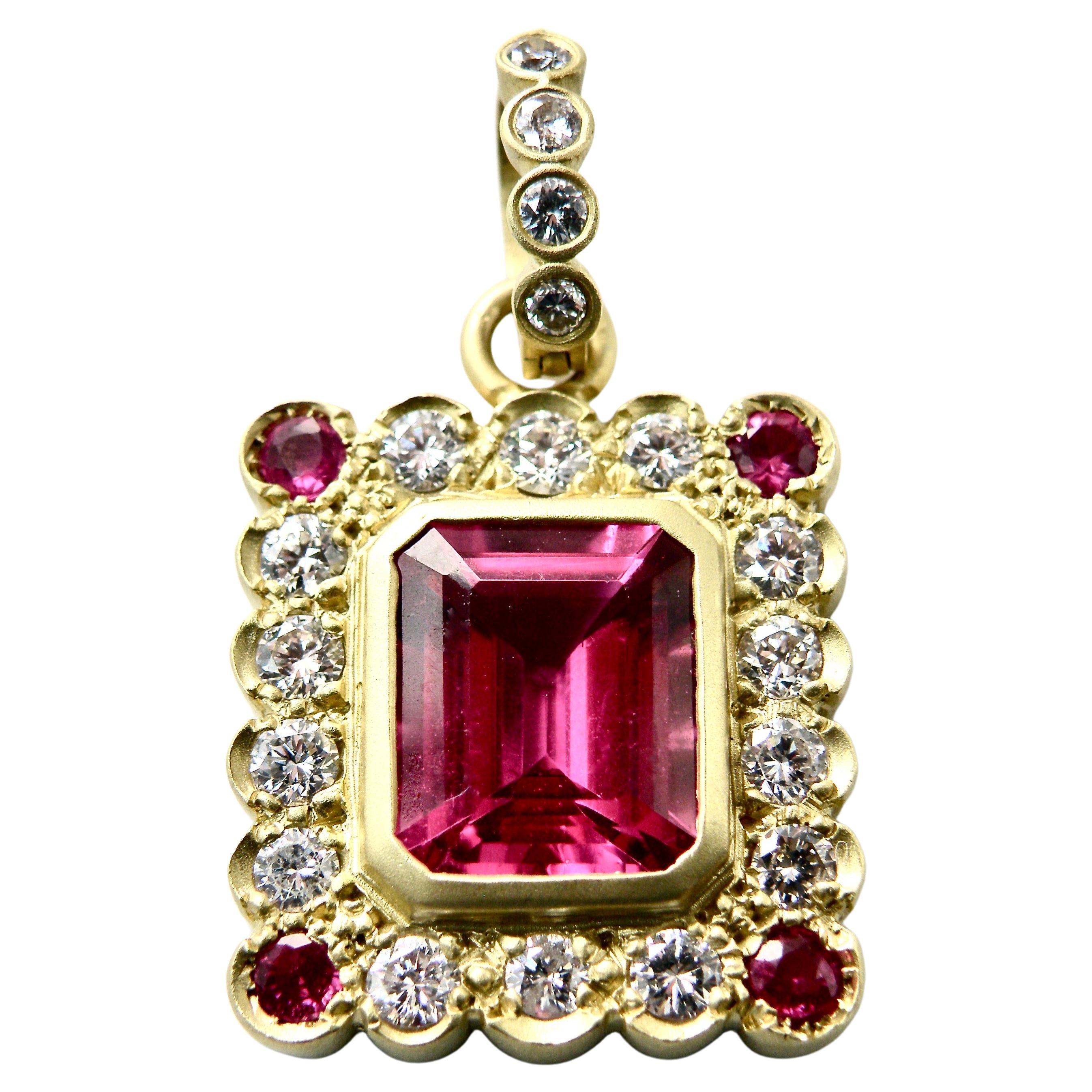 18K Pink Tourmaline and Diamond Pendant For Sale