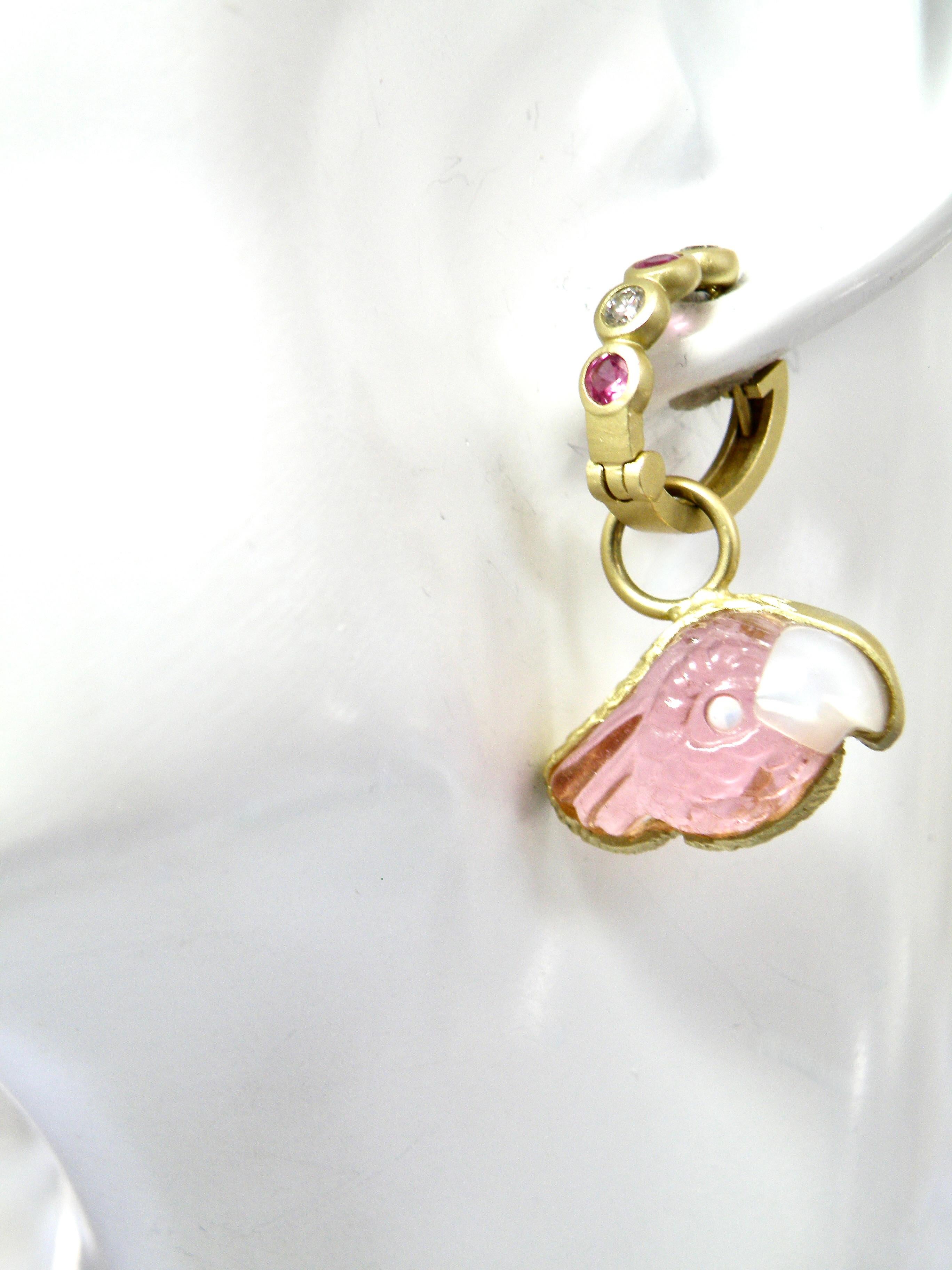 18k earrings. Pink tourmaline carved parrot heads w mother of pearl beaks. Reversible pink sapphire/diamond Huggies.