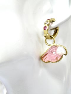 18k earrings carved pink tourmaline parrots, pink sapphire/diamond  Huggies