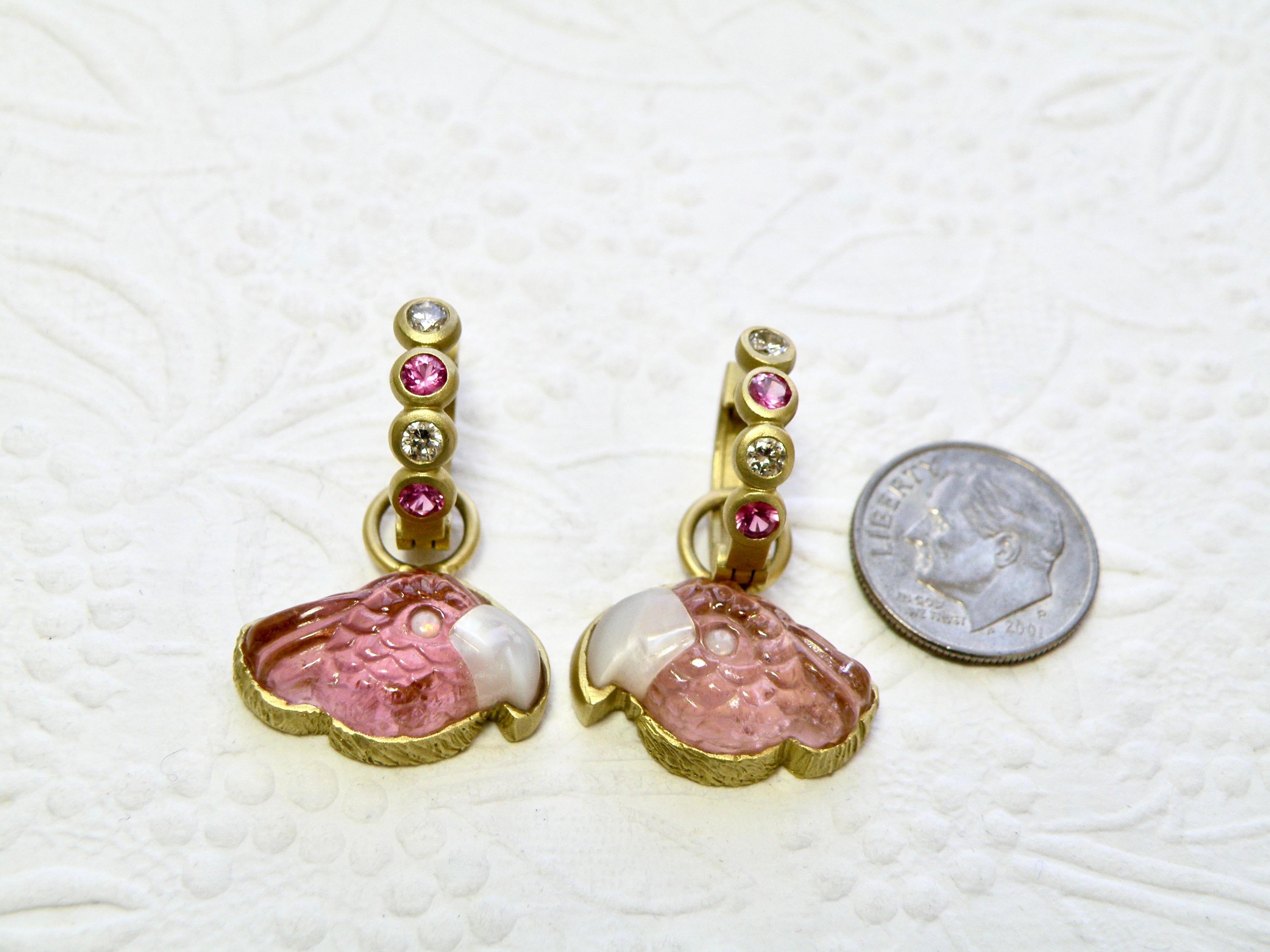 Cabochon 18k pink tourmaline earrings with pink sapphire/diamond reversible Huggies For Sale