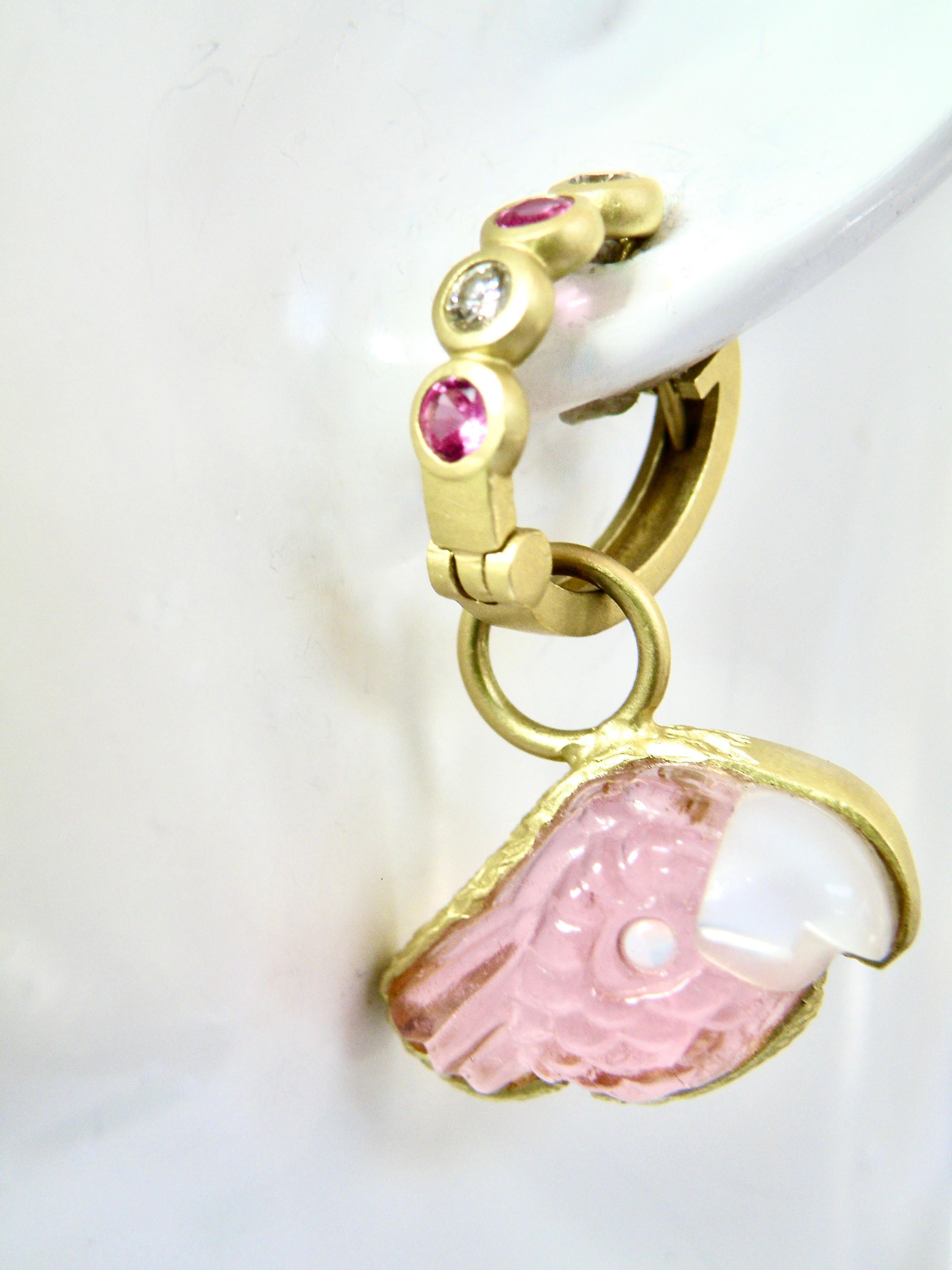 18k pink tourmaline earrings with pink sapphire/diamond reversible Huggies In New Condition For Sale In Cohasset, MA