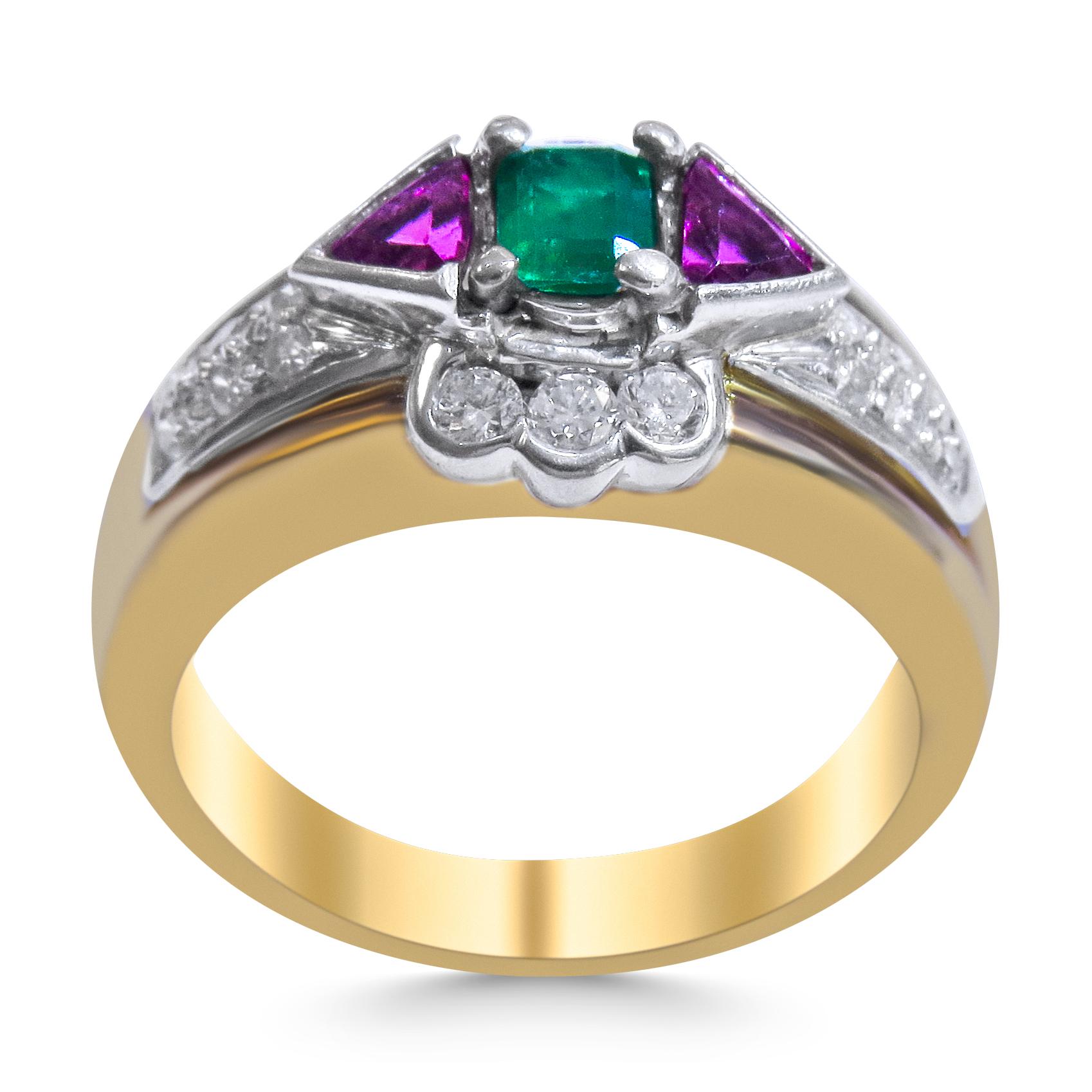 Platinum & 18K Gold 
Weight= 8.6gr 
Size= 7 
Diamond= 0.30 Ct total 
Emerald Colombian= 0.20 Ct total 
Ruby= 0.60 Ct total 
Year= 1970