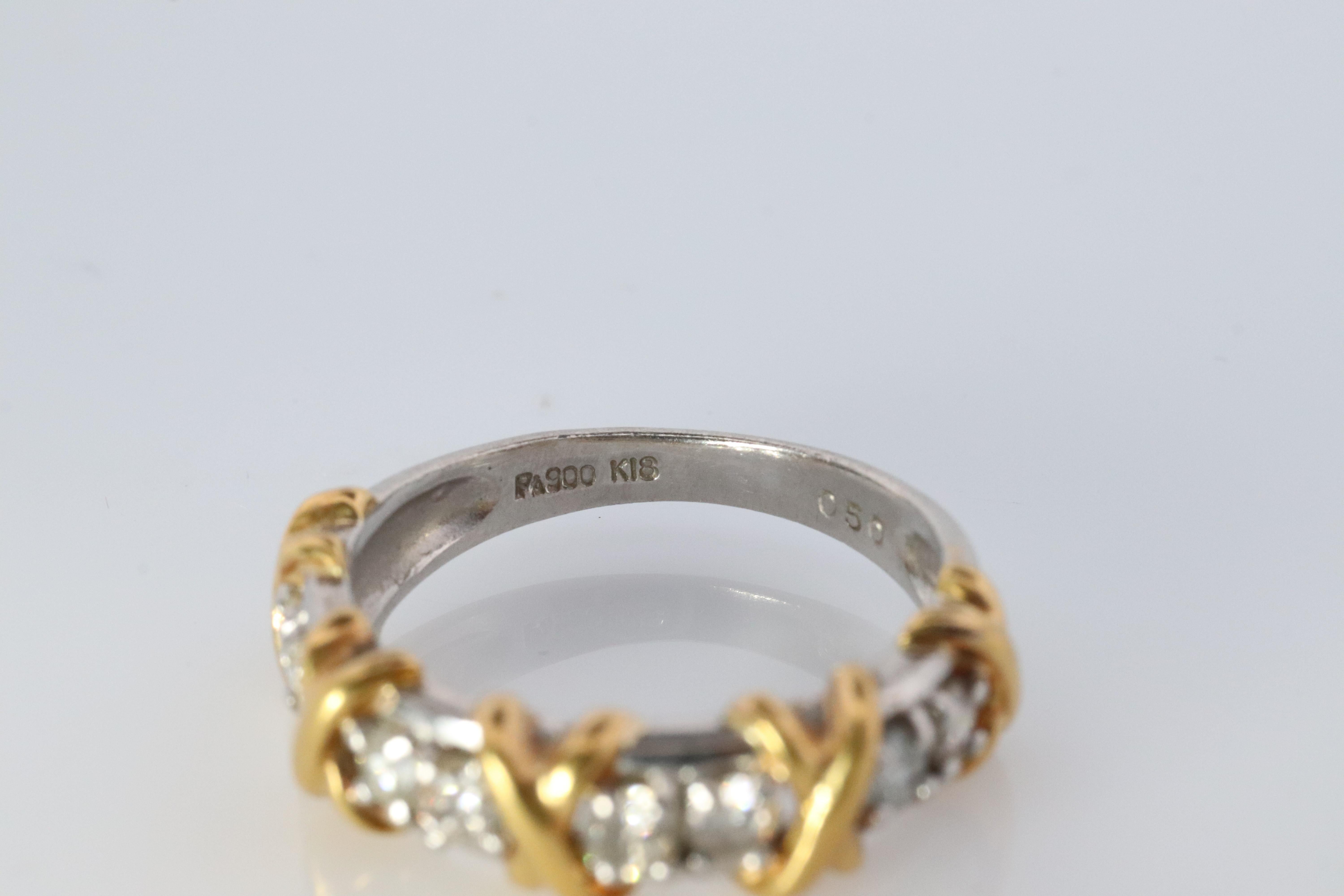Round Cut 18k Platinum Diamond XOXO criss cross ring. 18k Yellow Gold Pt900 Infinity band