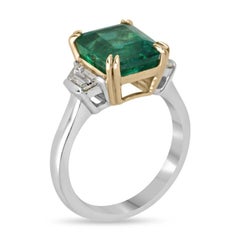 18K Platinum Three Stone Ring  4.85tcw Asscher Cut Emerald & Trapezoid Diamonds