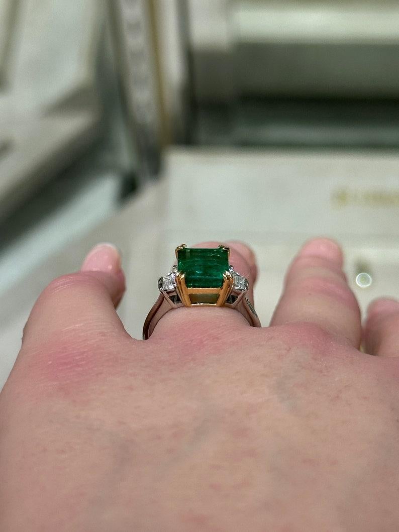 Women's 18K Platinum Three Stone Ring  4.85tcw Asscher Cut Emerald & Trapezoid Diamonds For Sale