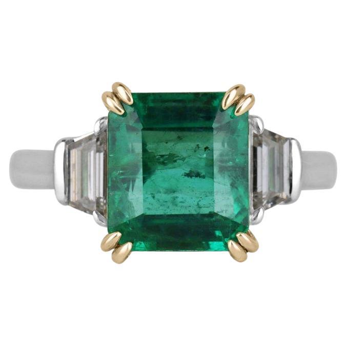 18K Platinum Three Stone Ring  4.85tcw Asscher Cut Emerald & Trapezoid Diamonds