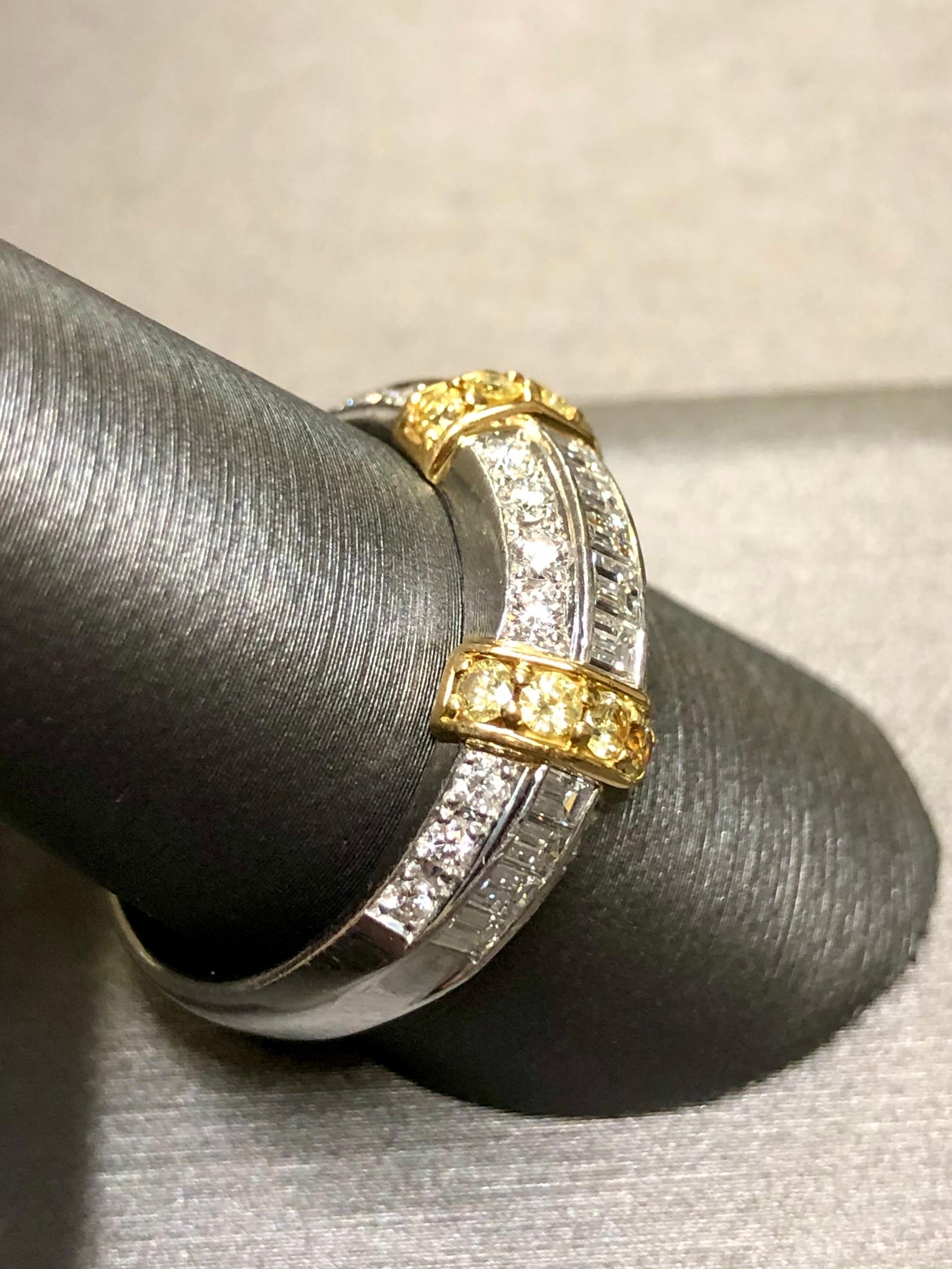 Contemporary 18K Platinum Two Tone White Fancy Yellow Baguette Round Diamond Band Ring 2cttw For Sale