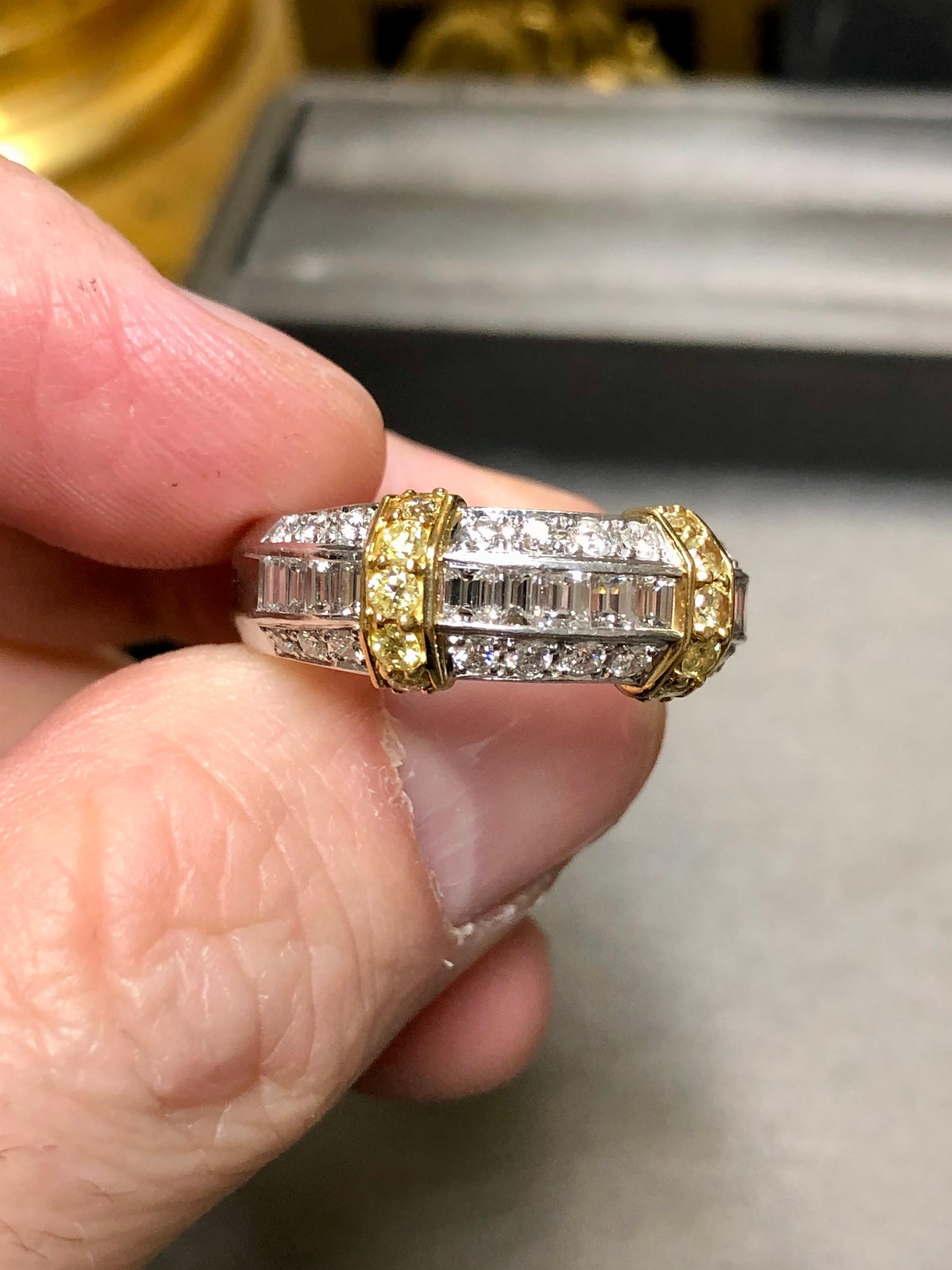 Round Cut 18K Platinum Two Tone White Fancy Yellow Baguette Round Diamond Band Ring 2cttw For Sale