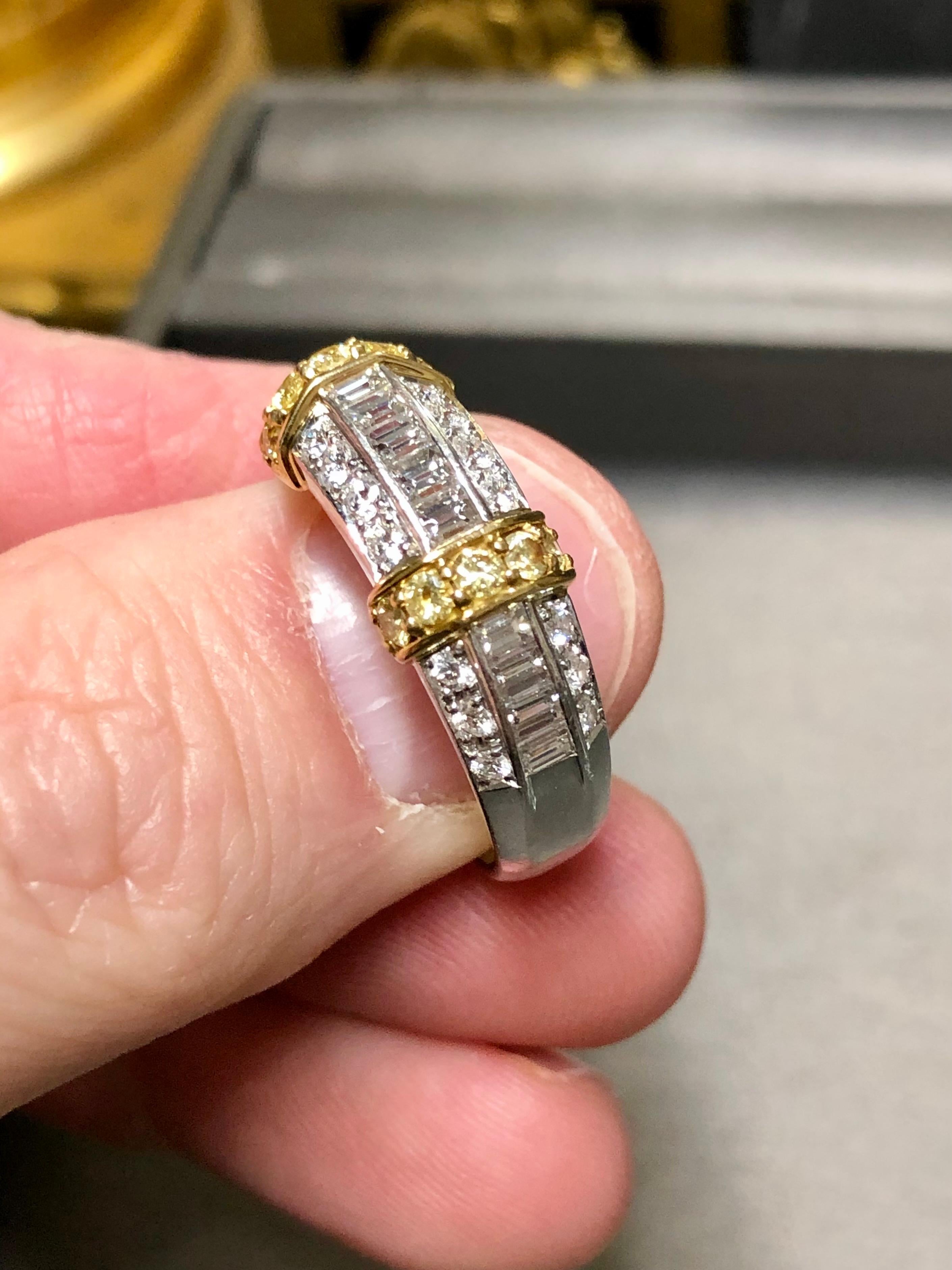 18K Platinum Two Tone White Fancy Yellow Baguette Round Diamond Band Ring 2cttw In Good Condition In Winter Springs, FL