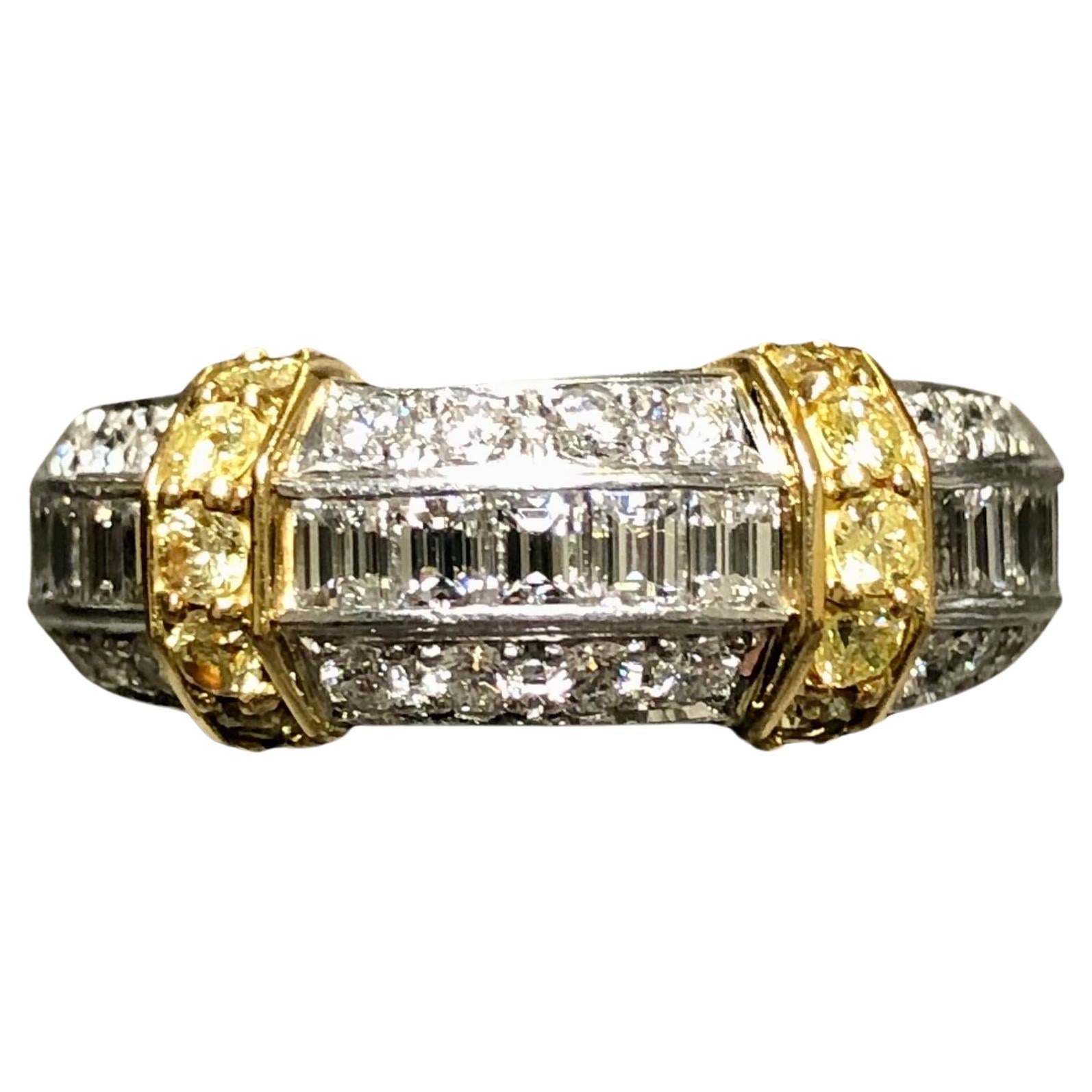 18K Platinum Two Tone White Fancy Yellow Baguette Round Diamond Band Ring 2cttw For Sale