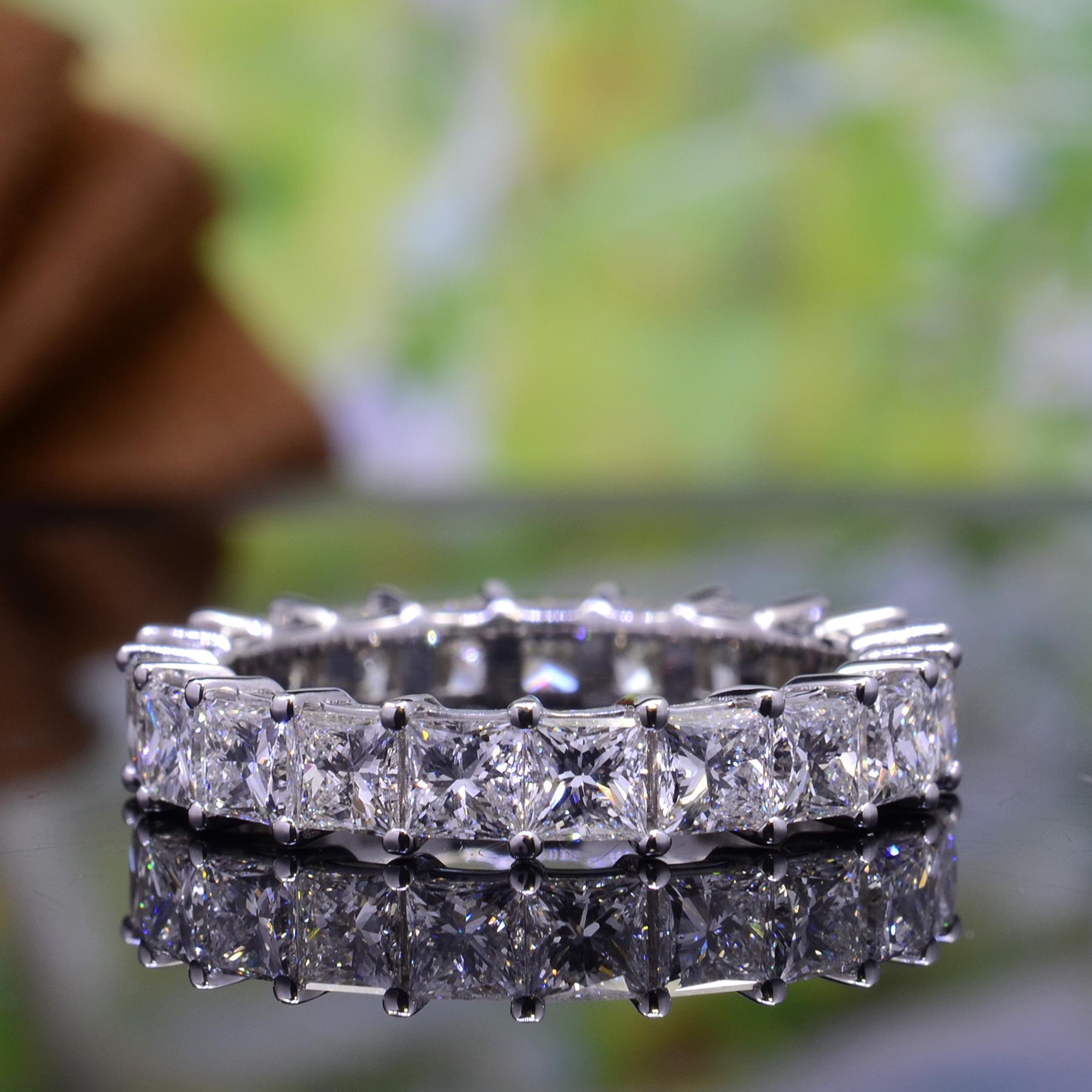 For Sale:  18k Princess Cut 5 Carat Eternity Ring Natural Diamonds F-G Color VS Clarity 7