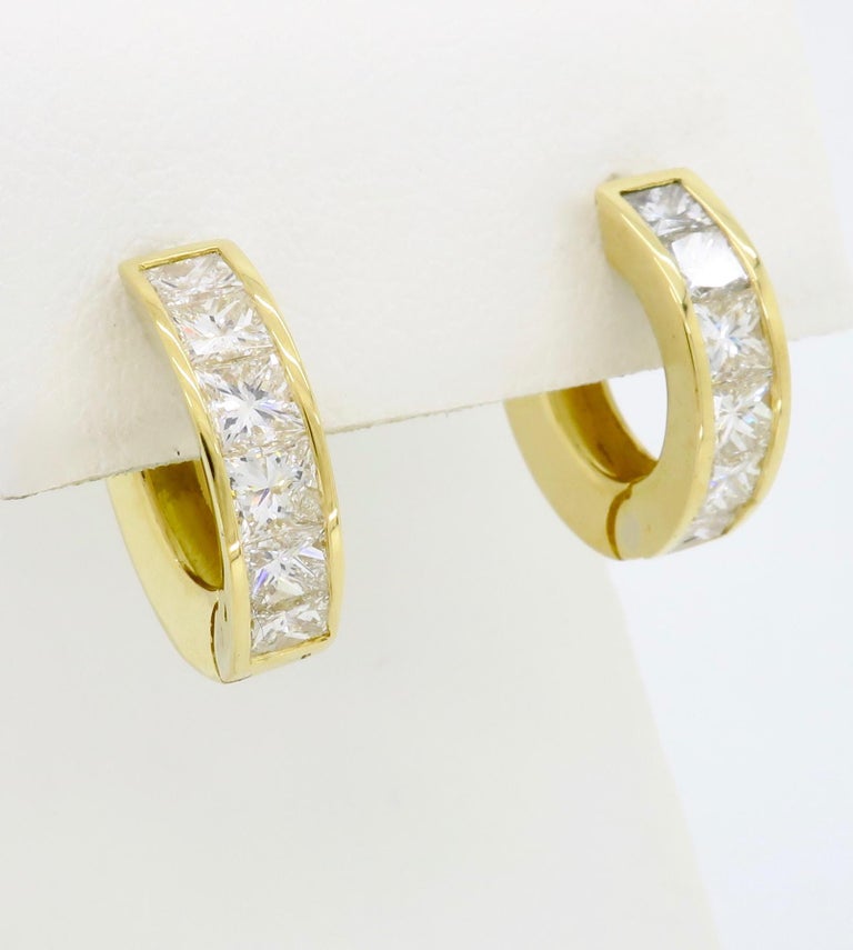 18 Karat Princess Cut Diamond Huggie Earrings at 1stDibs