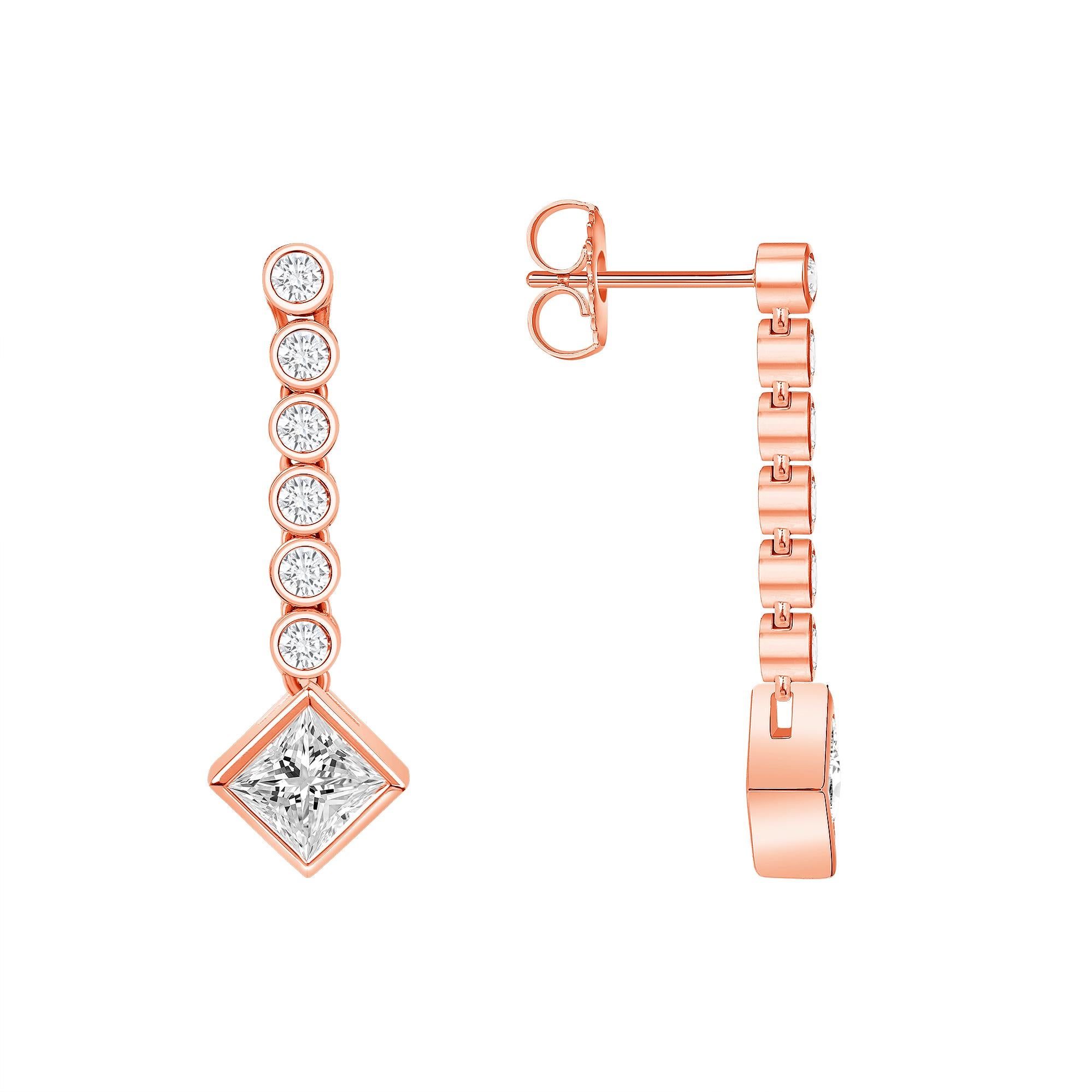 18K R-Gold Princess Square Drop Earring, Dangling Earring, Dainty Bridal Jewelry