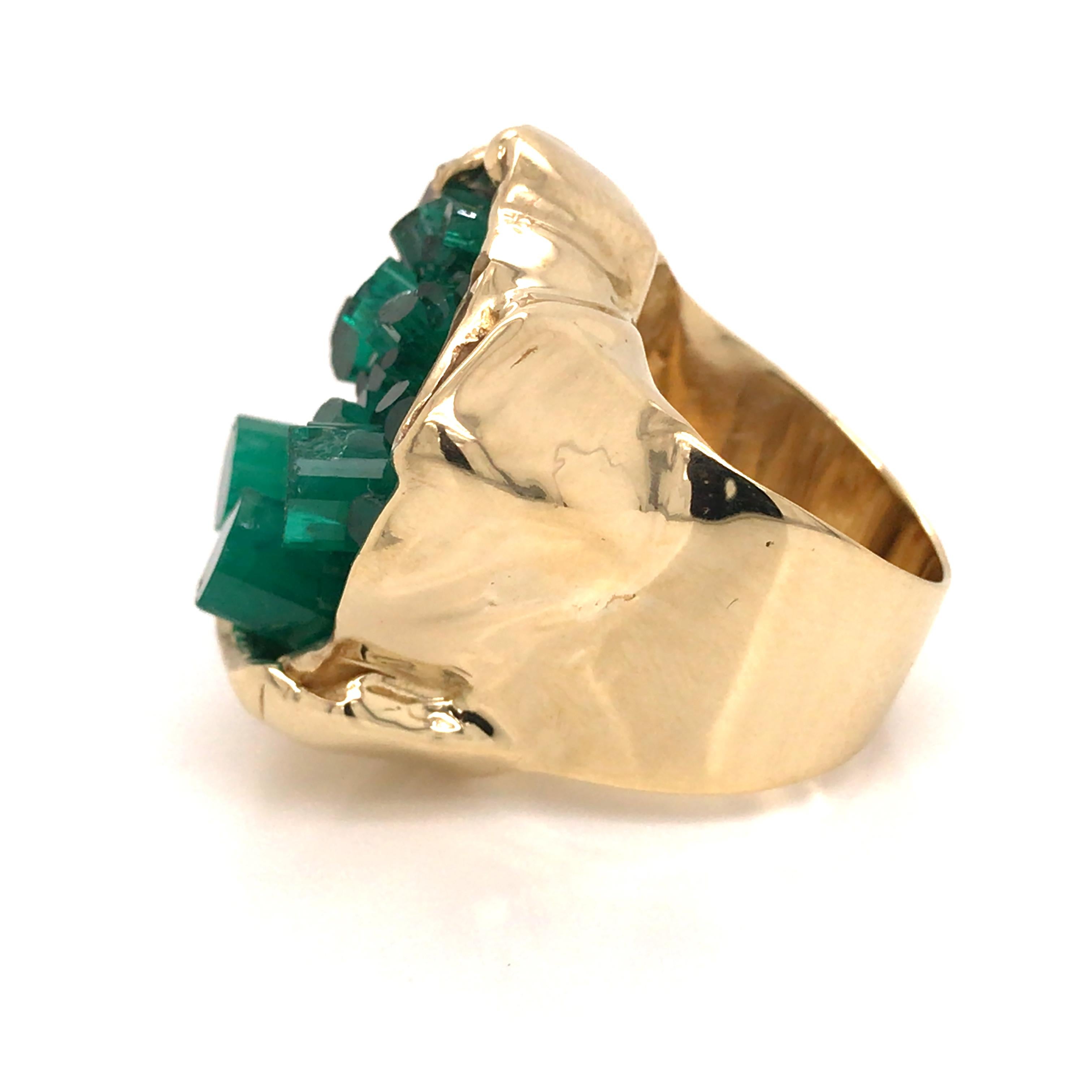 18K Raised Rough Emerald Diamond Ring Yellow Gold In Good Condition For Sale In Boca Raton, FL