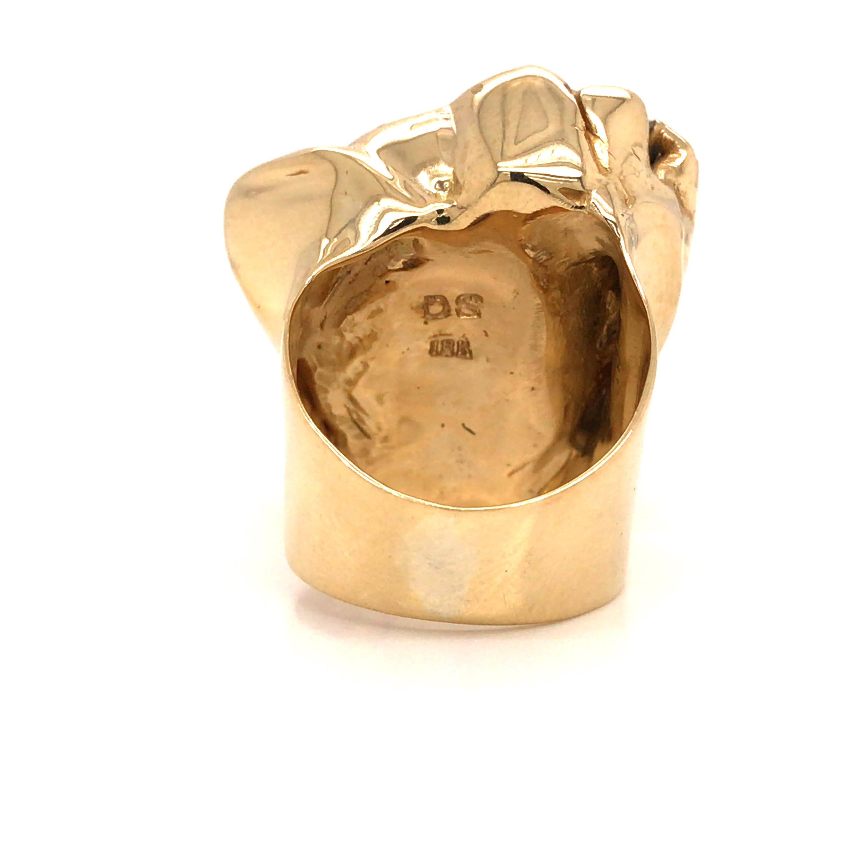 Women's 18K Raised Rough Emerald Diamond Ring Yellow Gold For Sale