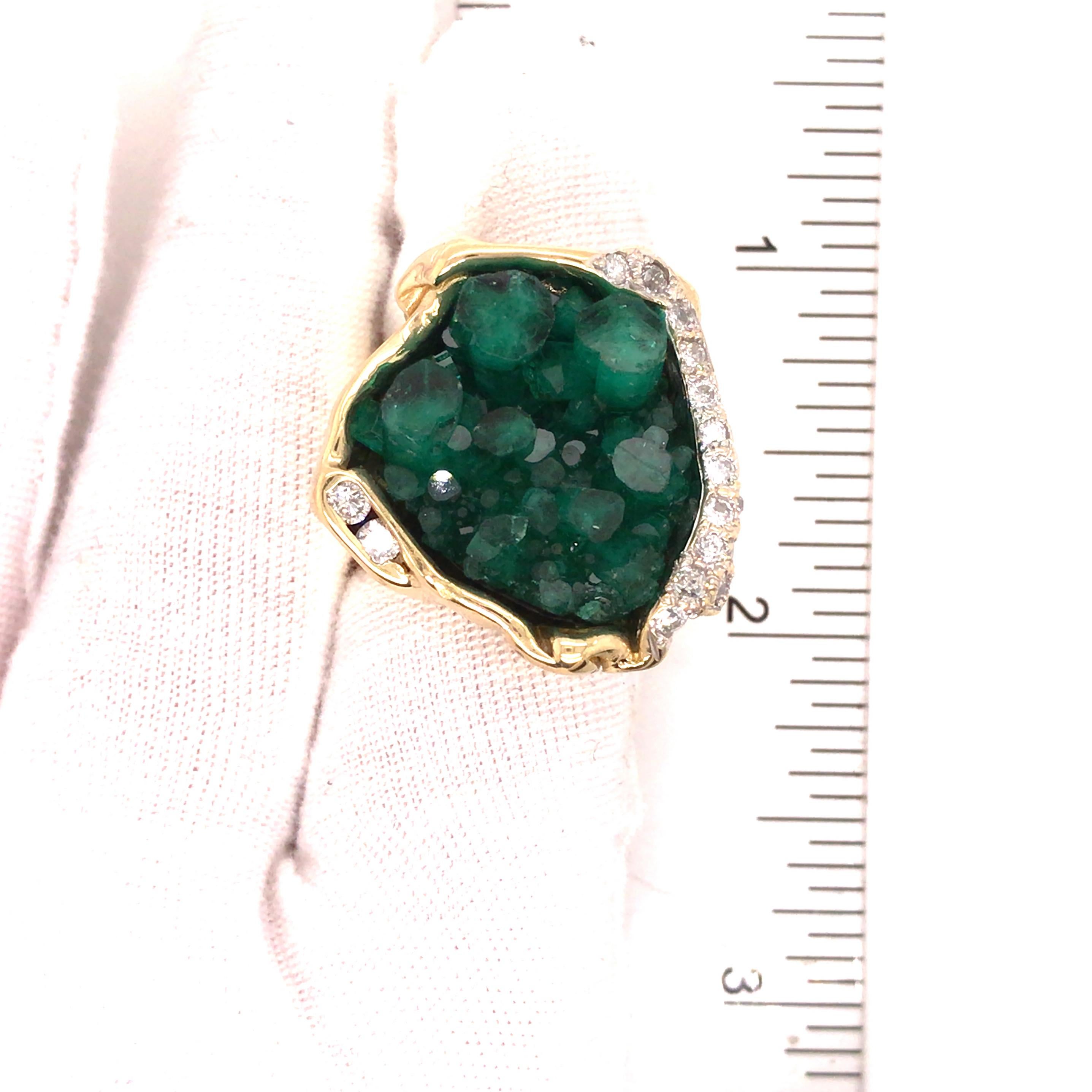 18K Raised Rough Emerald Diamond Ring Yellow Gold For Sale 2