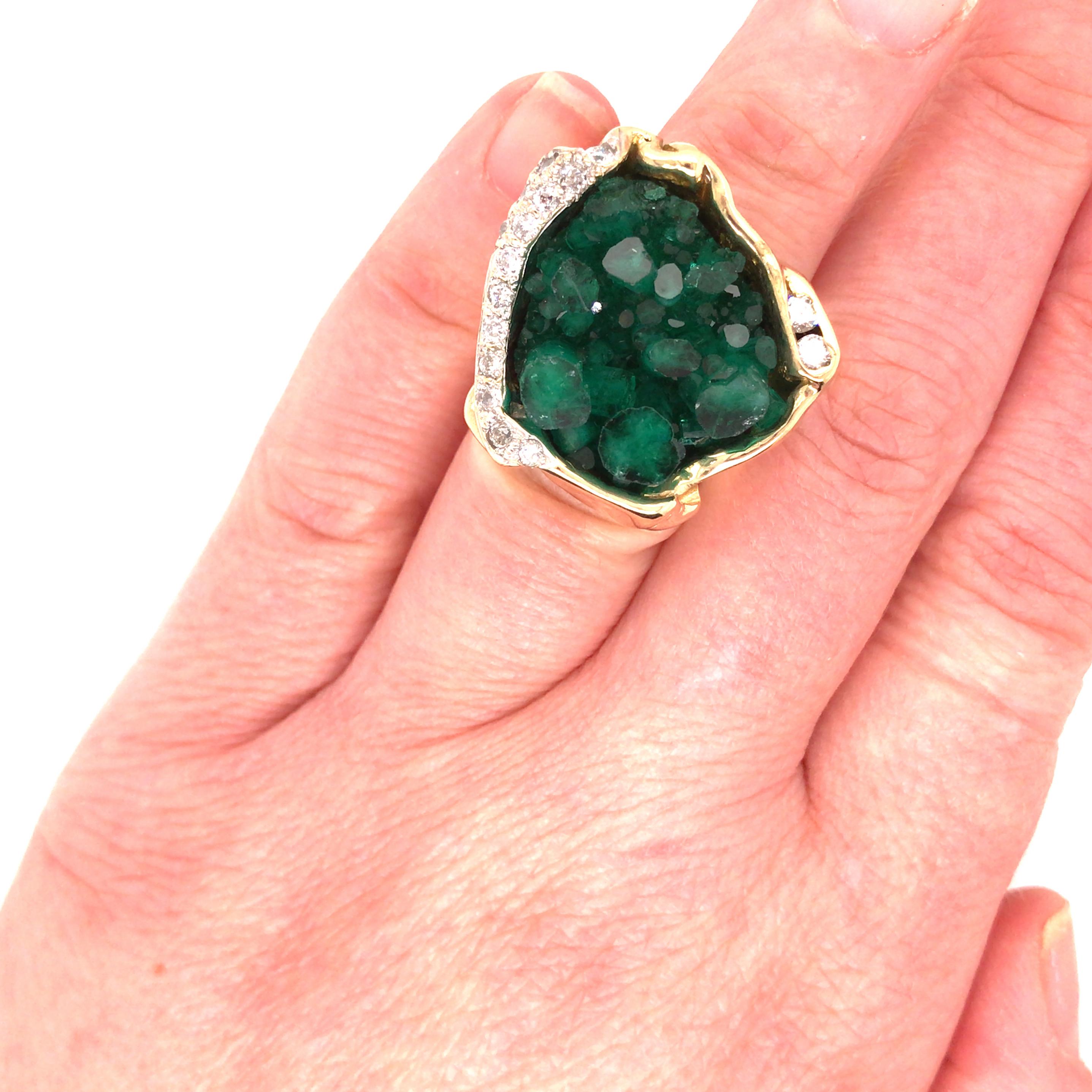18K Raised Rough Emerald Diamond Ring Yellow Gold For Sale 3