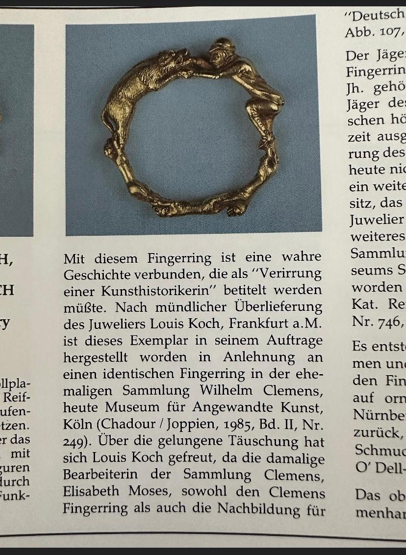 18K Ring mit Jägern, Fischen und Hunden im Renaissance-Revival-Stil im Angebot 1