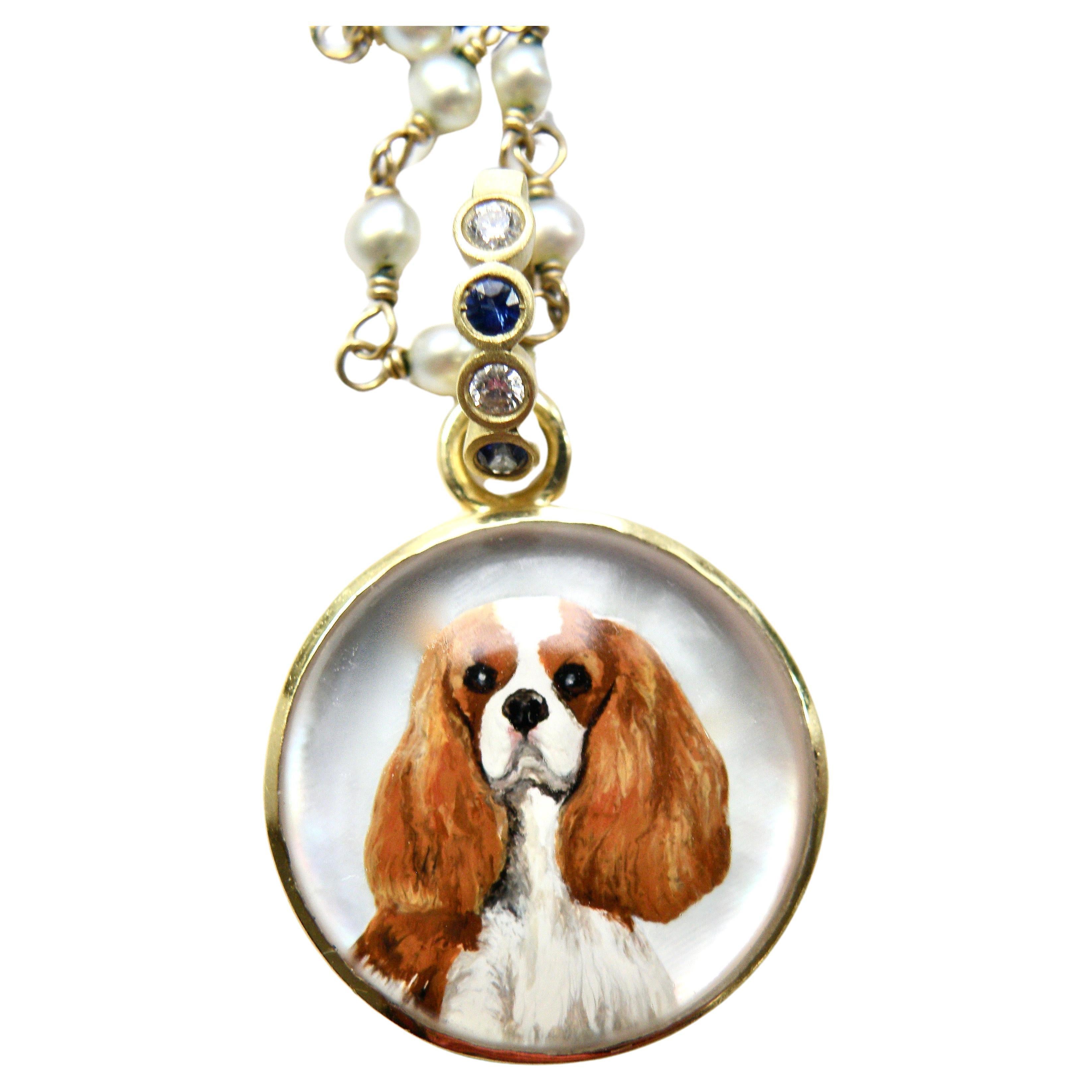18K Reverse Crystal Hand painted King Charles Cavalier  Pendant w Sapphire Bail For Sale