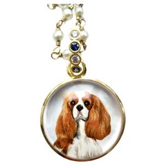Antique 18K Reverse Crystal Hand painted King Charles Cavalier  Pendant w Sapphire Bail