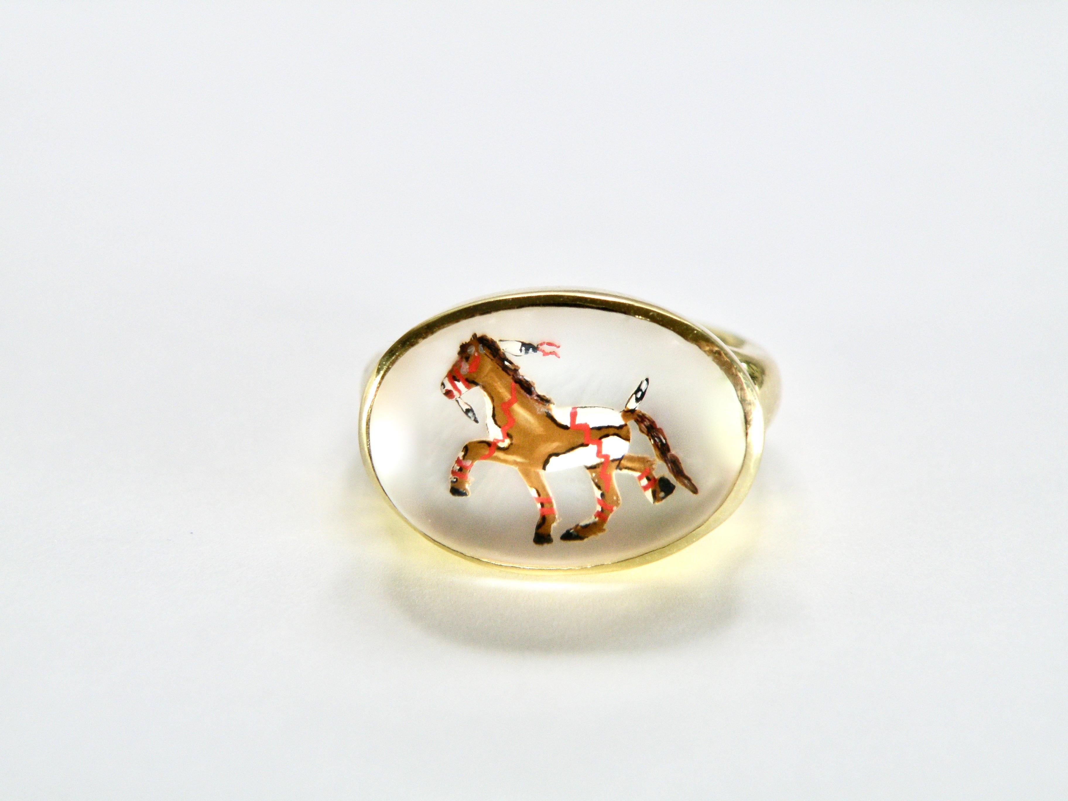 18K reverse crystal mother of pearl hand painted ledgend art brown war pony ring