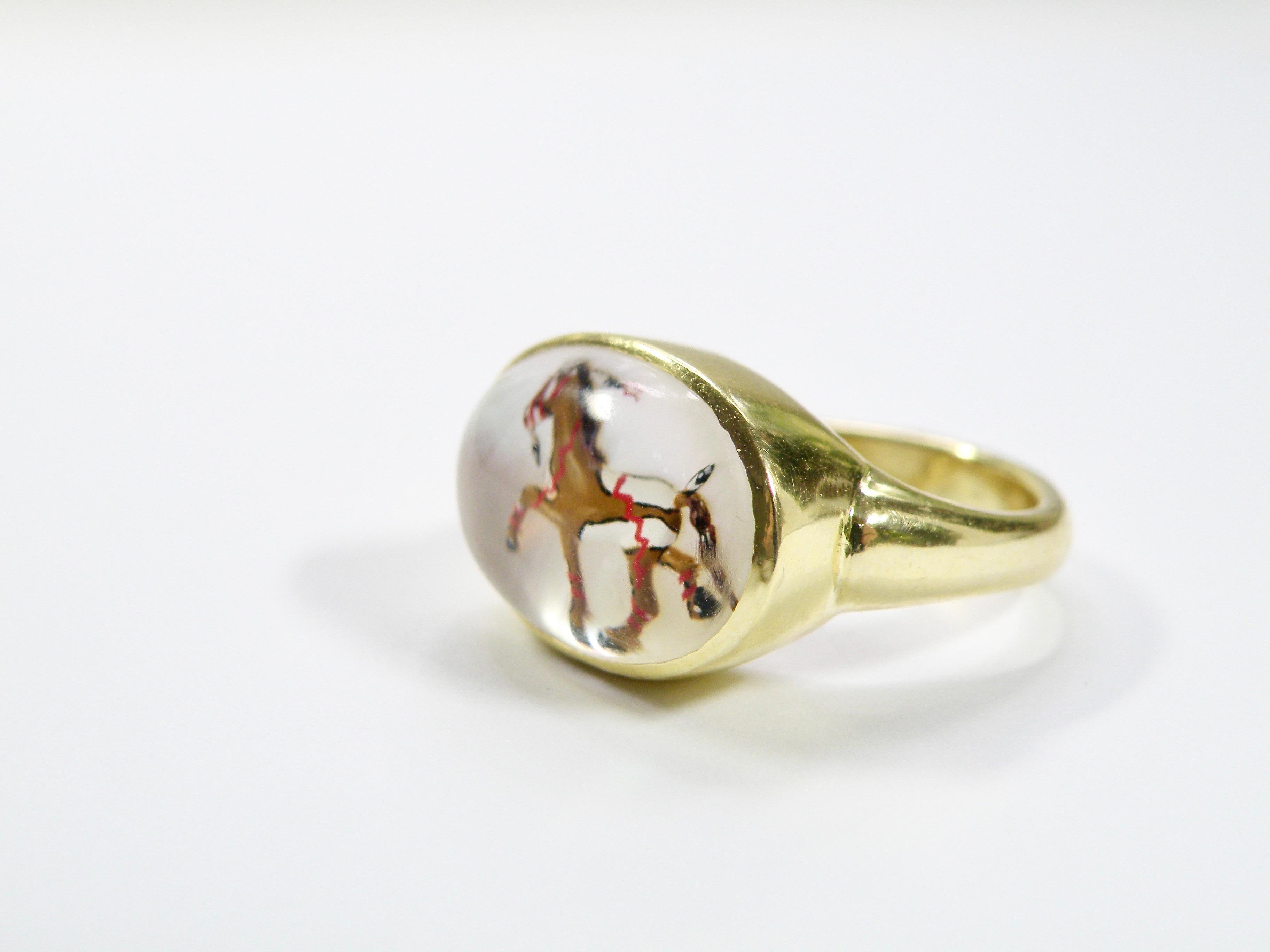 Contemporary 18K Reverse Crystal Mother of Pearl Hand Painted Brown War Pony Ring For Sale