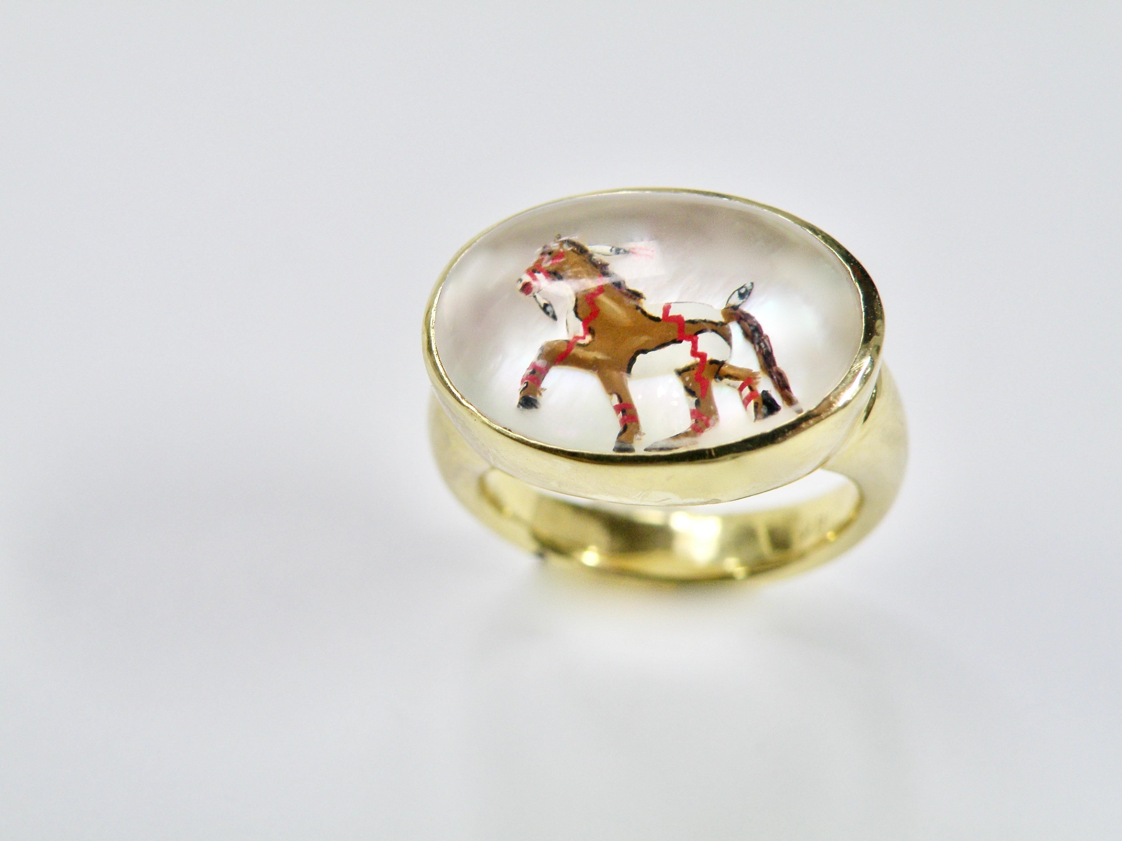 Cabochon 18K Reverse Crystal Mother of Pearl Hand Painted Brown War Pony Ring For Sale