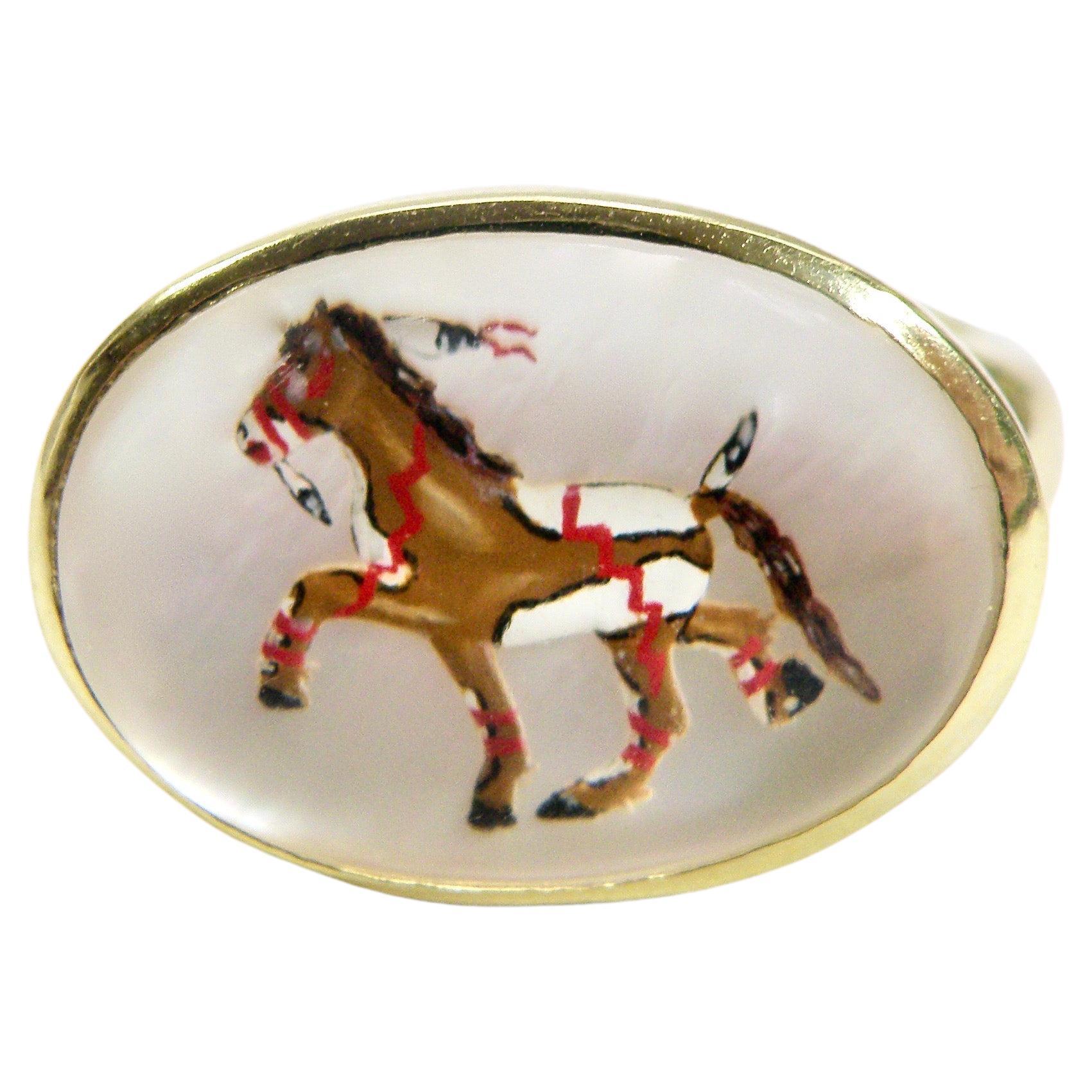 18K Reverse Crystal Mother of Pearl Hand Painted Brown War Pony Ring For Sale