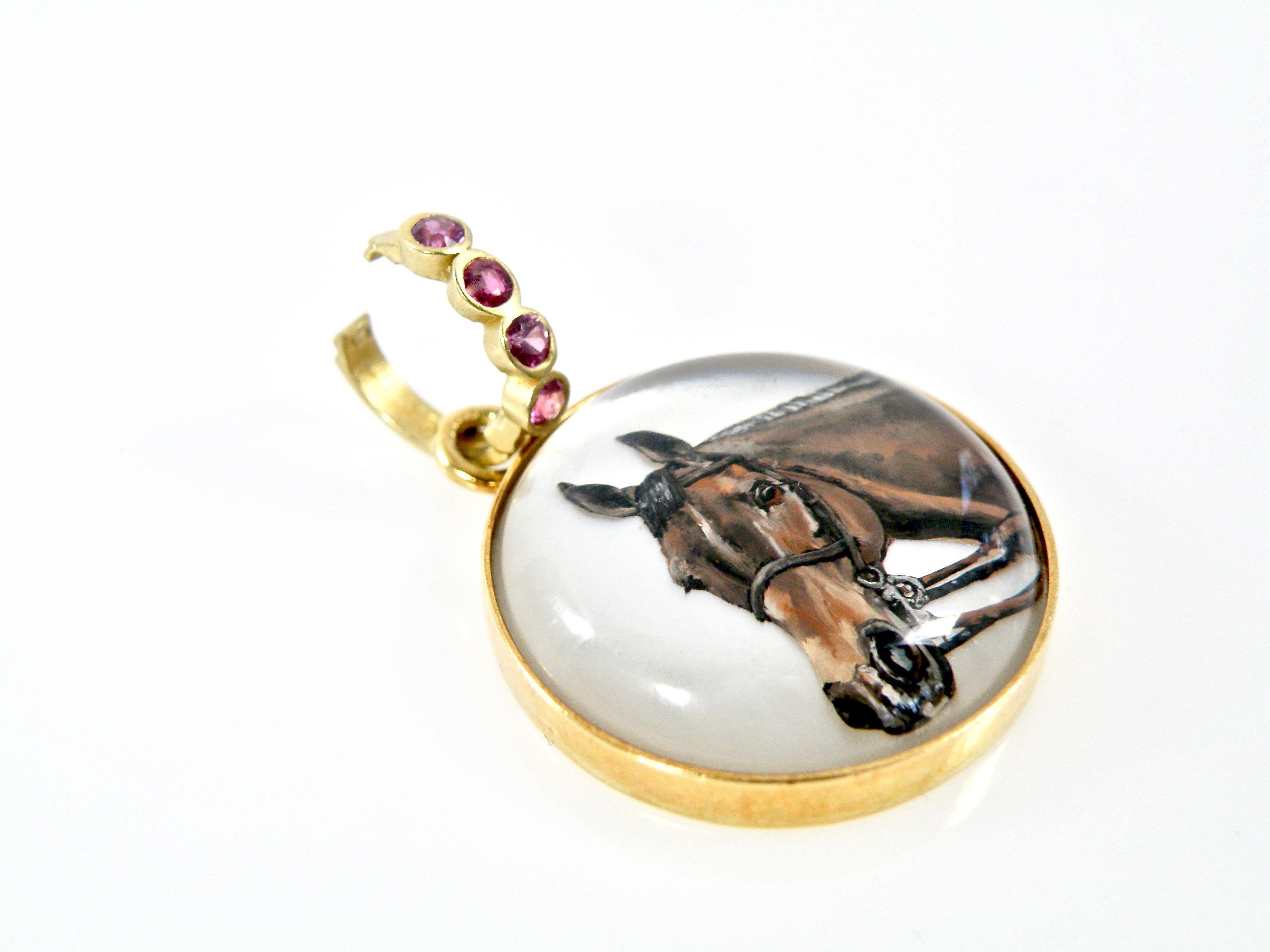 Contemporary 18 Karat Reverse Crystal Painted Horse Pendant with Sapphire Bail