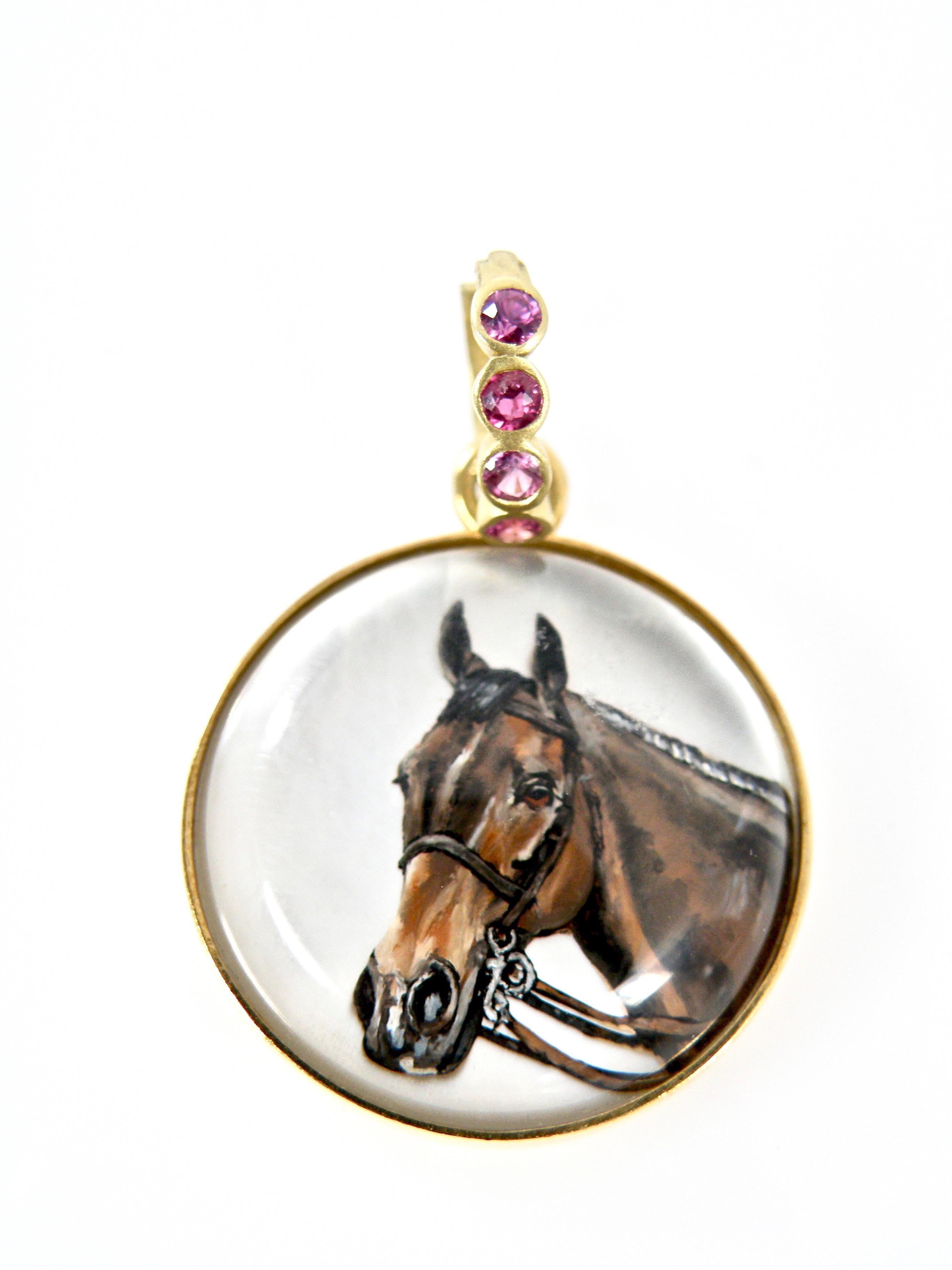 18 Karat Reverse Crystal Painted Horse Pendant with Sapphire Bail In New Condition In Cohasset, MA