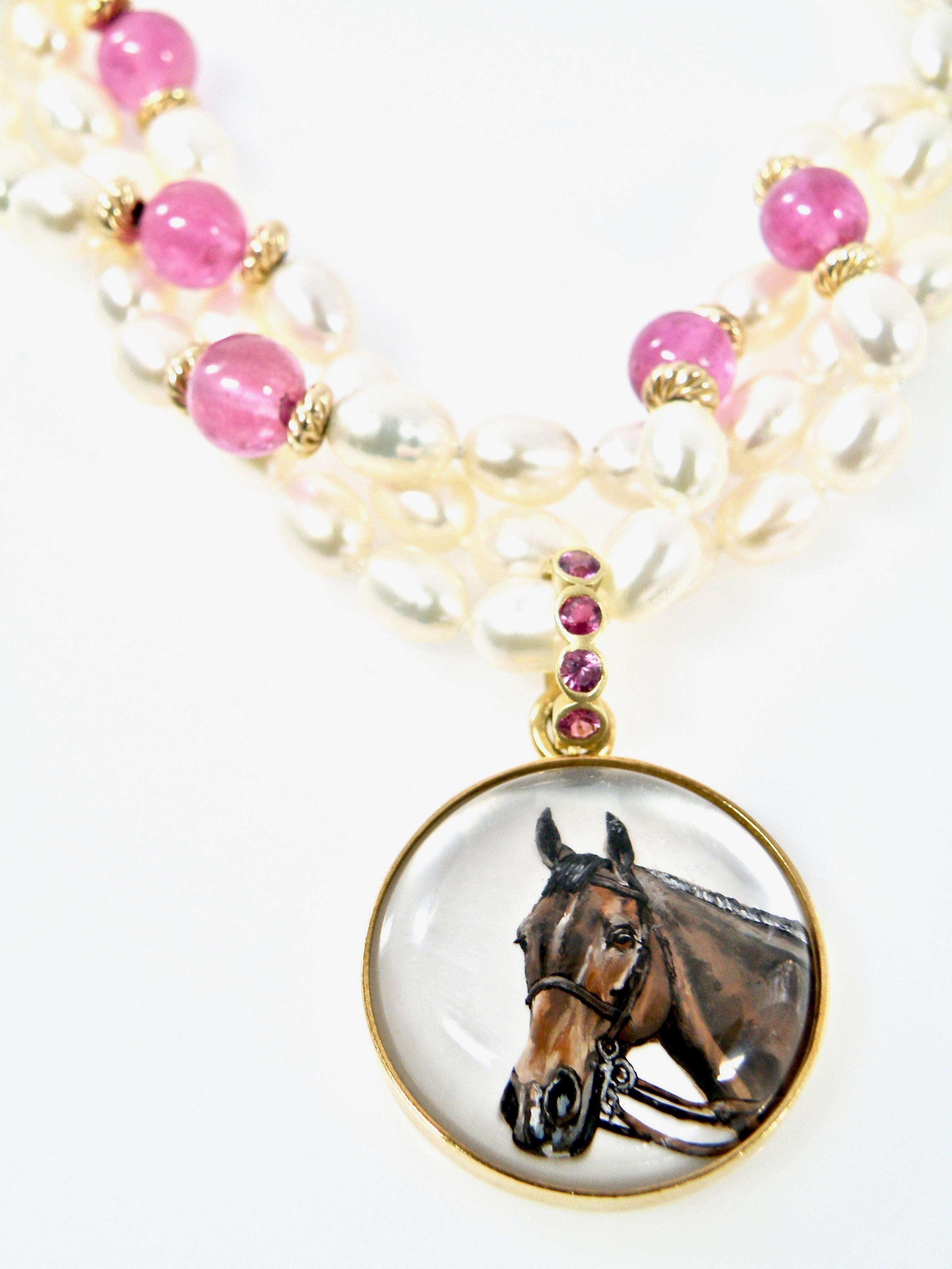 Women's or Men's 18 Karat Reverse Crystal Painted Horse Pendant with Sapphire Bail