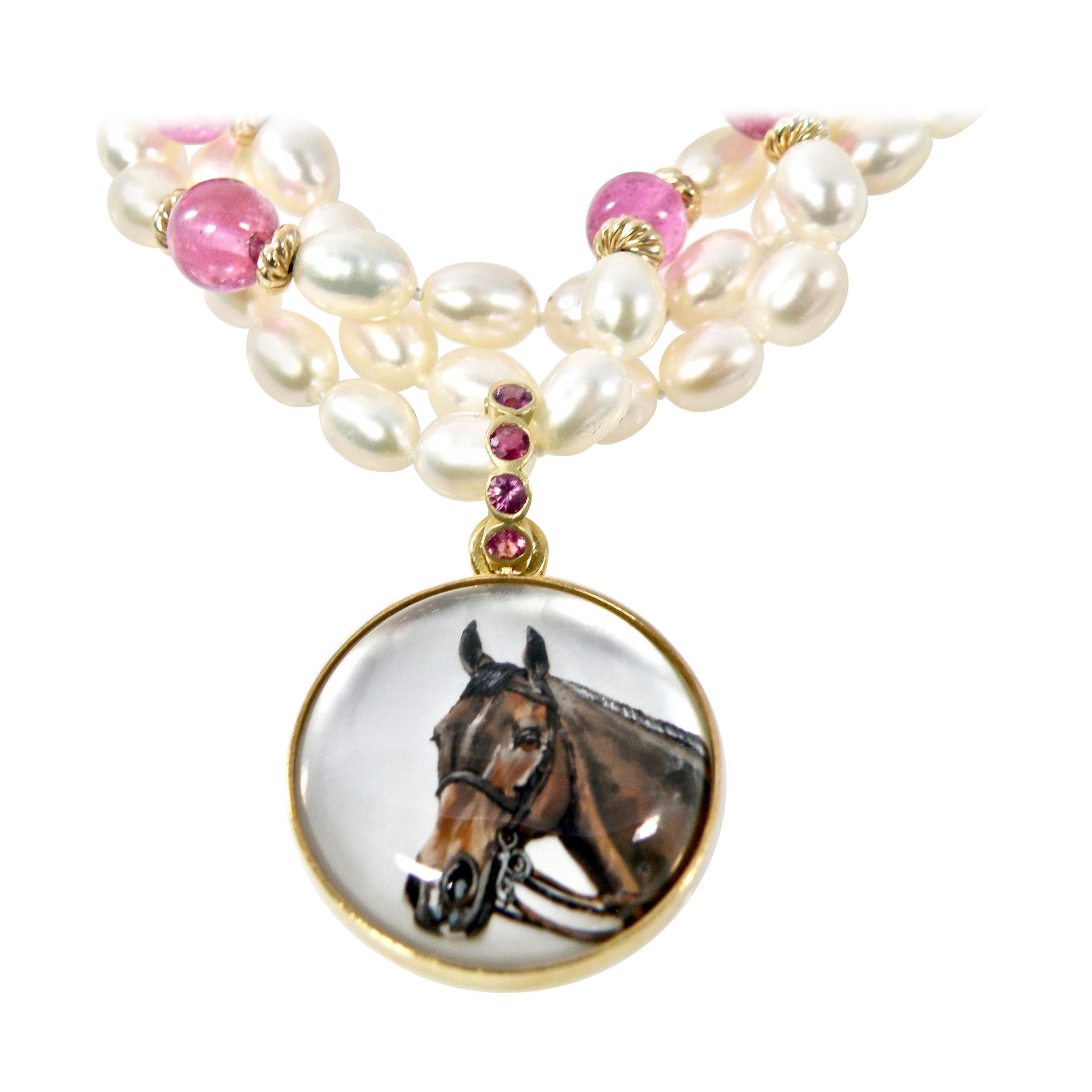 18 Karat Reverse Crystal Painted Horse Pendant with Sapphire Bail
