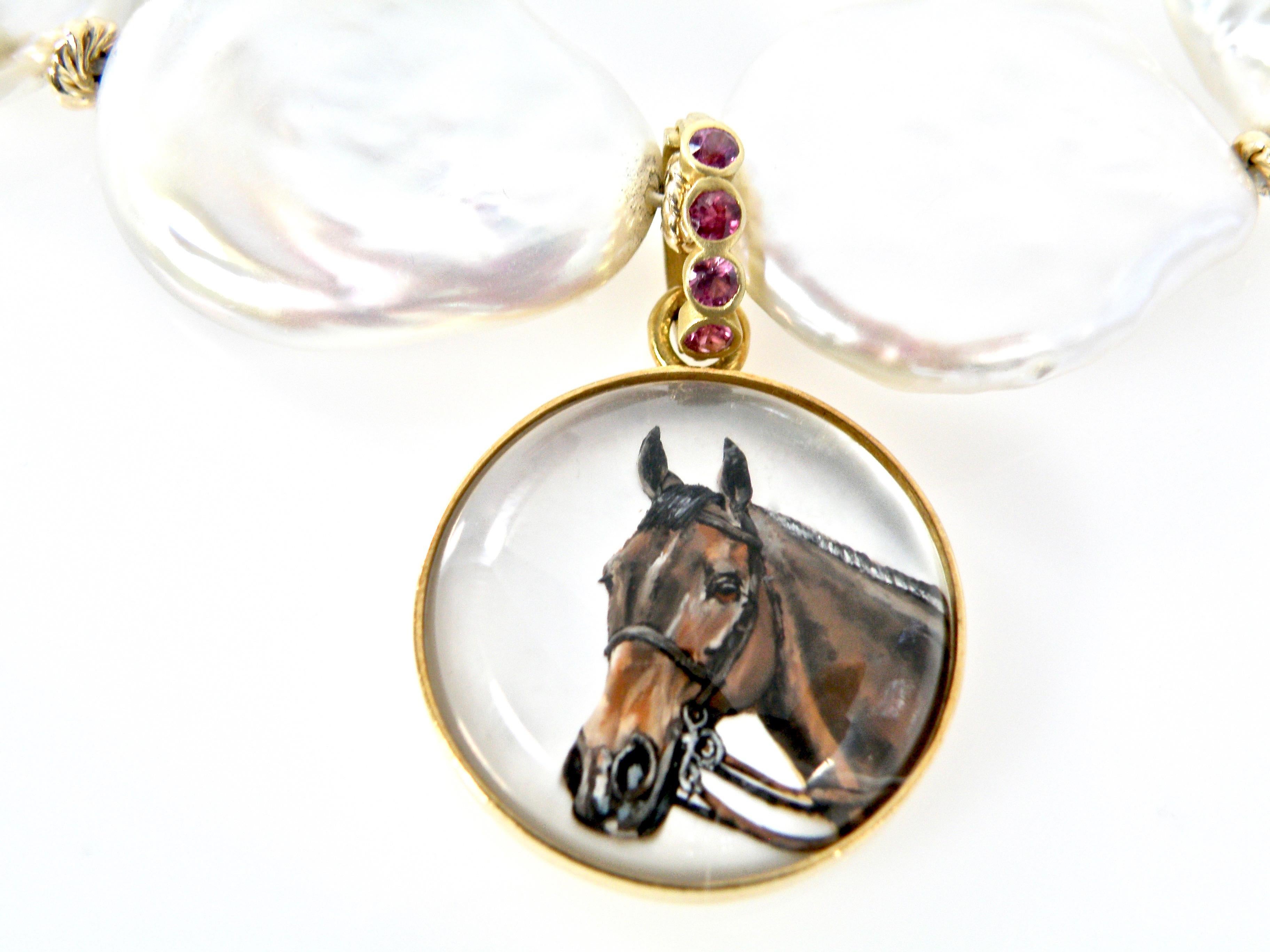 18K gold hand carved reverse crystal painted horse head by Master Carver Idahr Oberstein with 18K gold pink sapphire  detachable bail approximately 28mm round