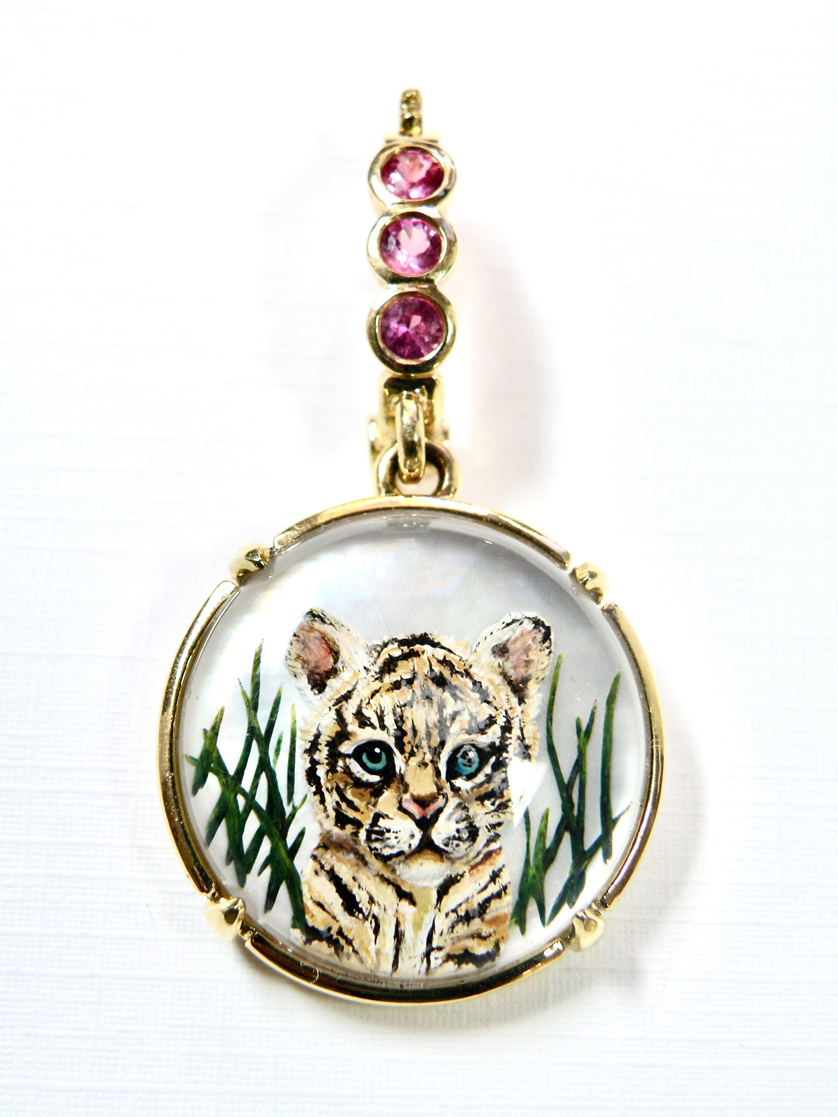 18K Lion pendant hand painted reverse quartz crystal backed with mothher of pearl hand painted by Master Carver from Idar Oberstein 14mm round