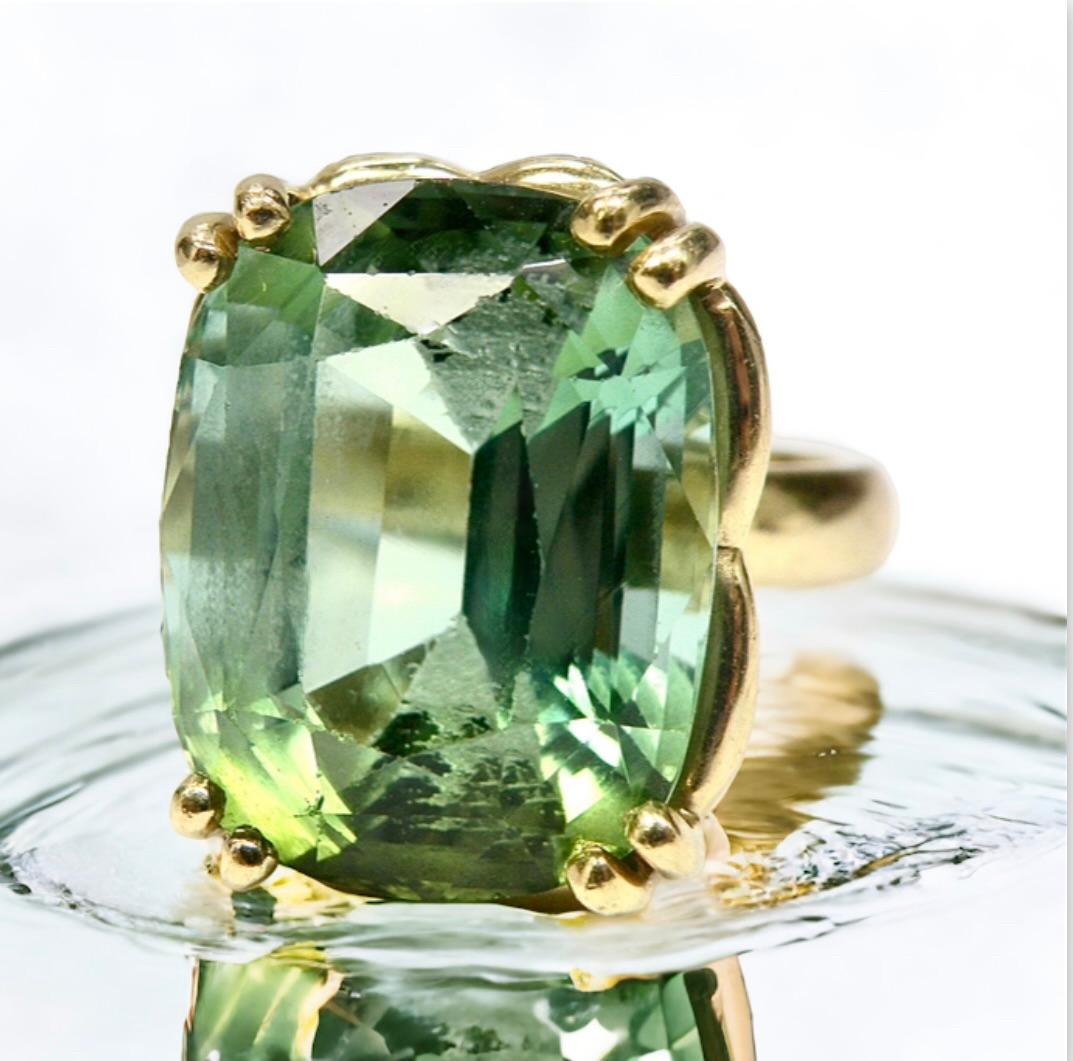 Emerald Cut 18k Ring, Bi Color Green Tourmaline For Sale