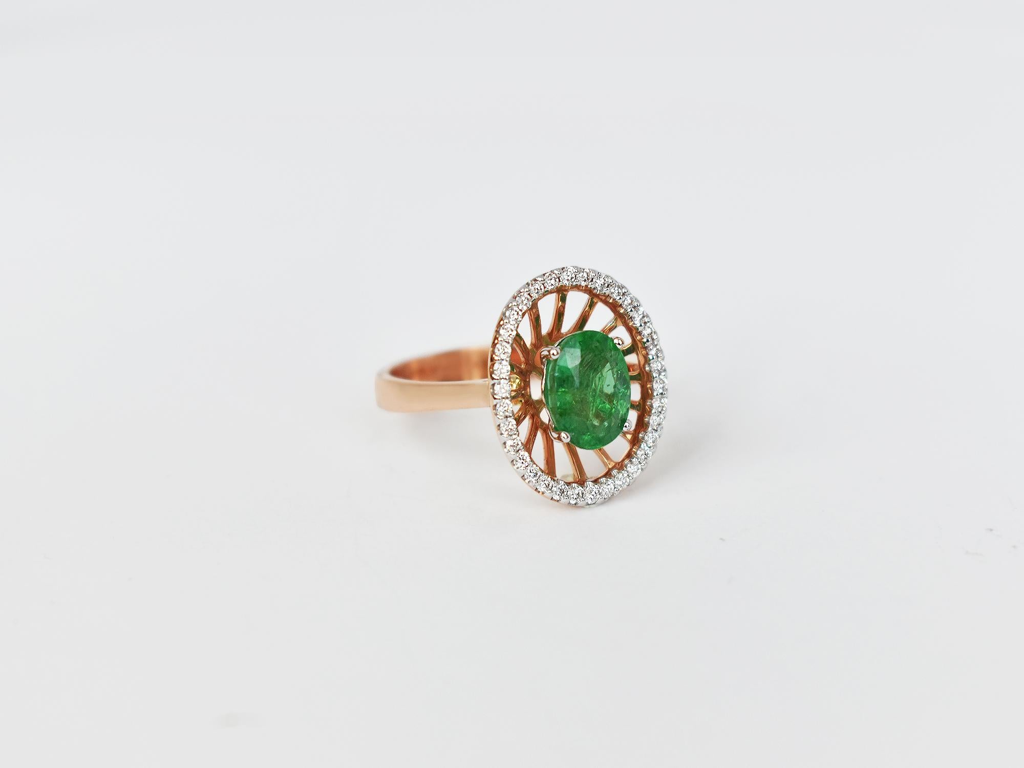 Anillo 18k Anillo Oro Rosa Anillo Diamante Anillo Esmeralda Anillo Oval Esmeralda Oro Art Decó en venta