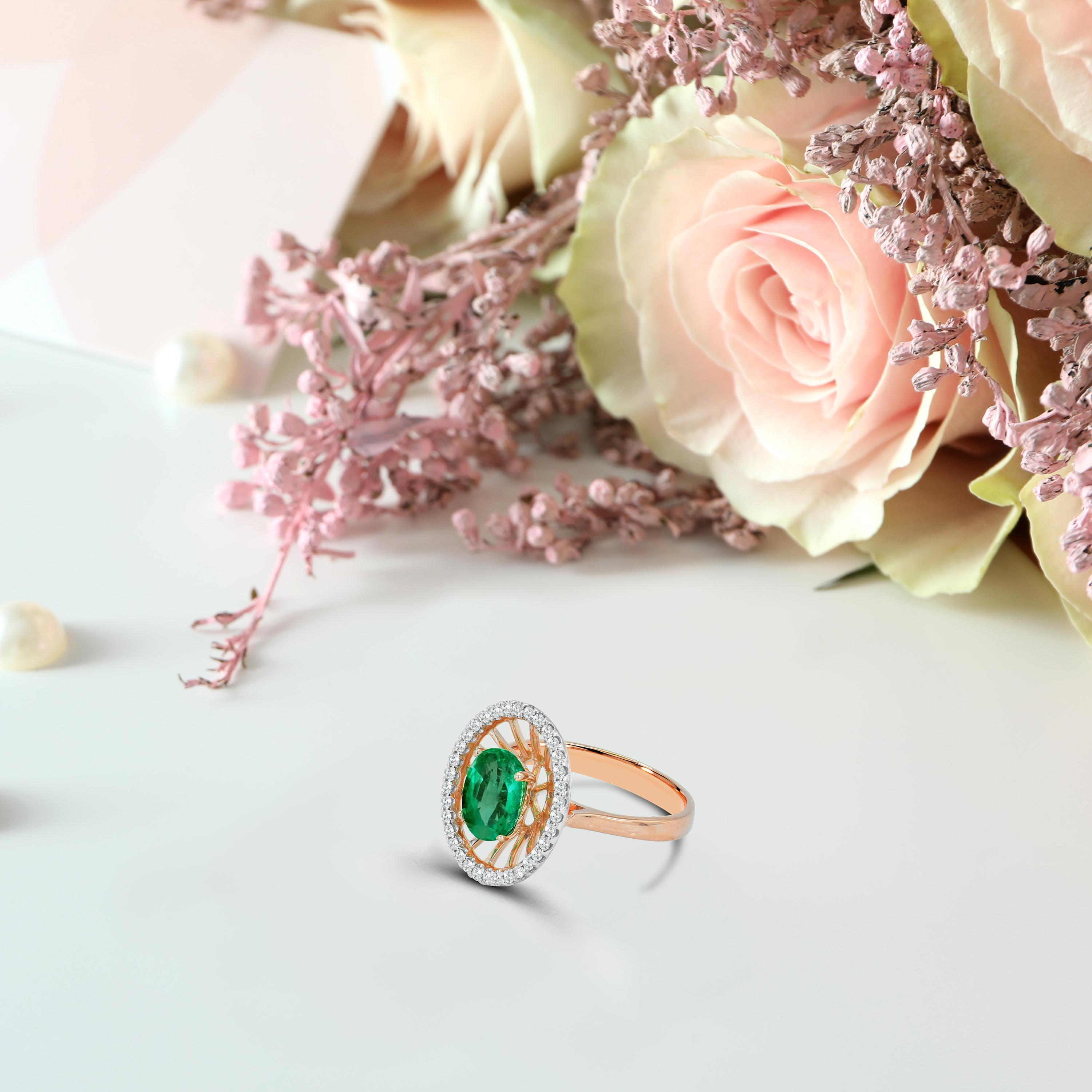 18k Ring Rose Gold Ring Diamond Ring Emerald Ring Emerald Oval Ring Gold For Sale 1