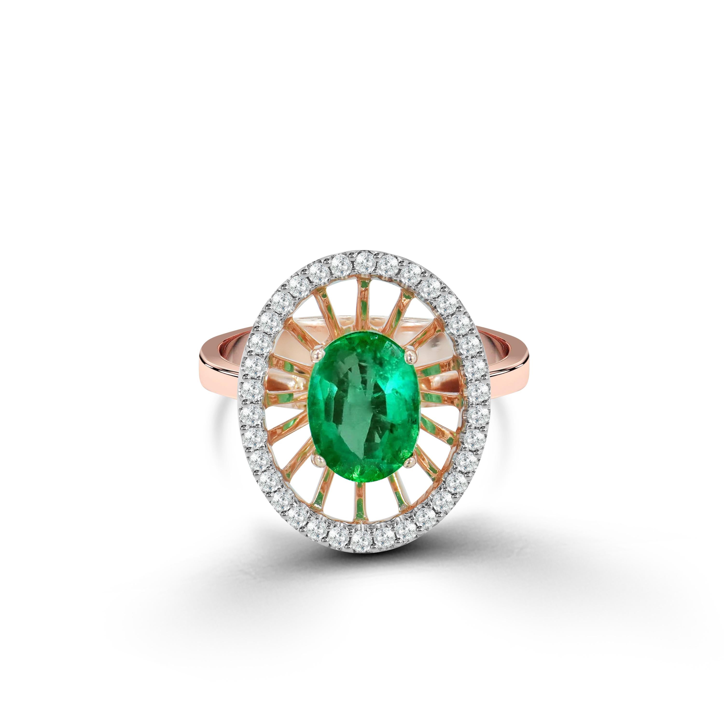 18k Ring Rose Gold Ring Diamond Ring Emerald Ring Emerald Oval Ring Gold For Sale