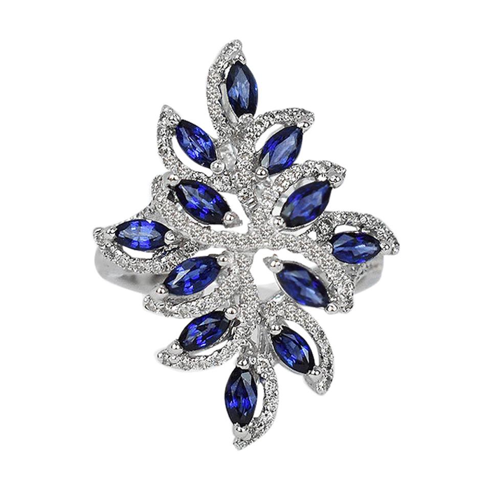 18 Karat Weißgold Ring Diamantring mit blauem Saphir und blauem Saphir im Marquiseschliff
