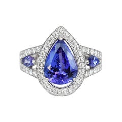 Bague en or blanc 18 carats avec diamant, bague en saphir bleu et saphir bleu en poire