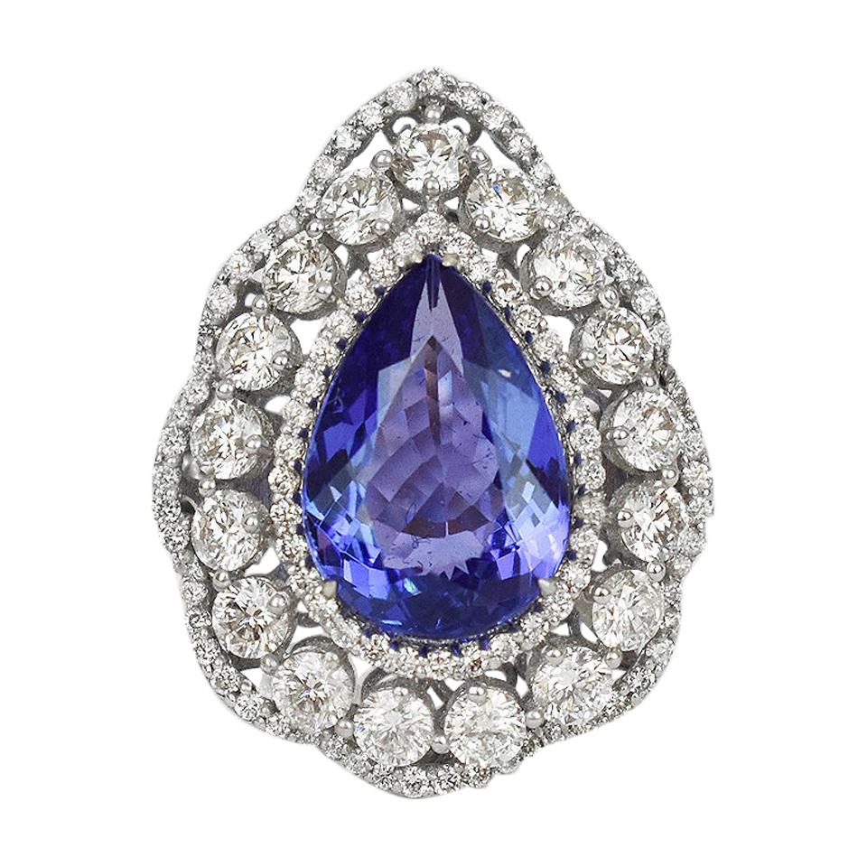 18 Karat Weißgold Ring Diamantring mit blauem Saphir und blauem Saphir in Birnenform im Angebot