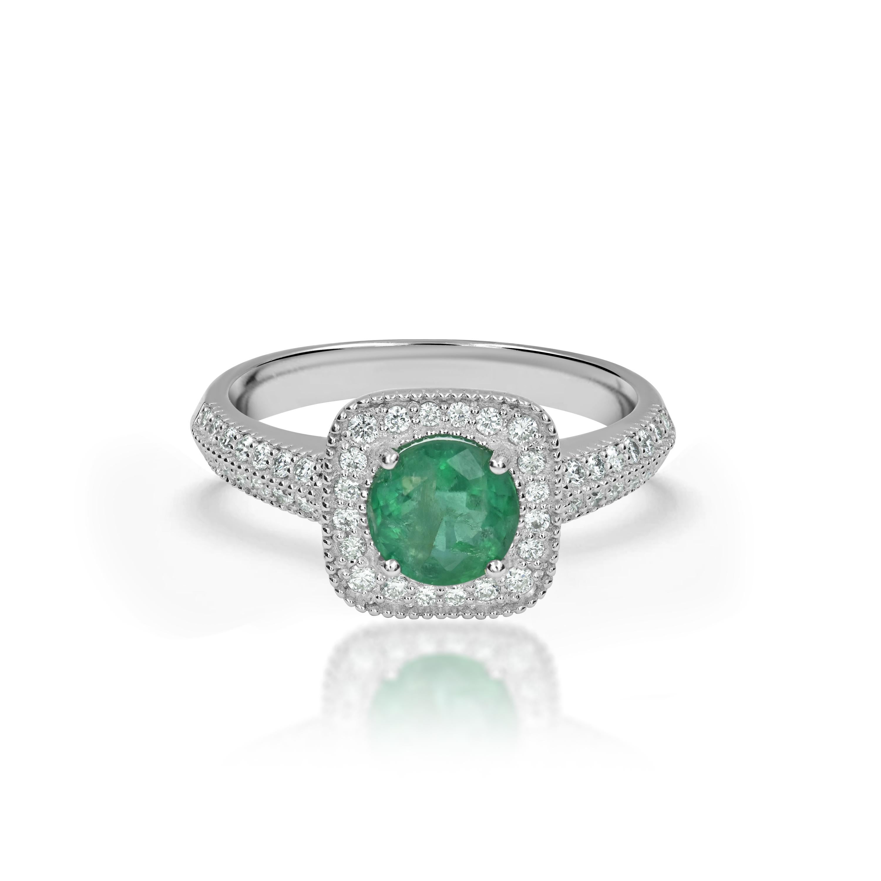 Art Deco 18k Ring White Gold Ring Diamond Ring Emerald Ring Emerald Round Ring For Sale