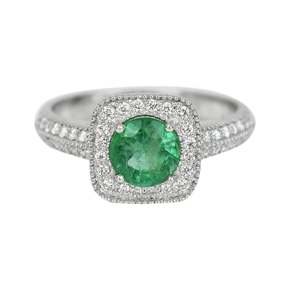 18k Ring White Gold Ring Diamond Ring Emerald Ring Emerald Round Ring For Sale