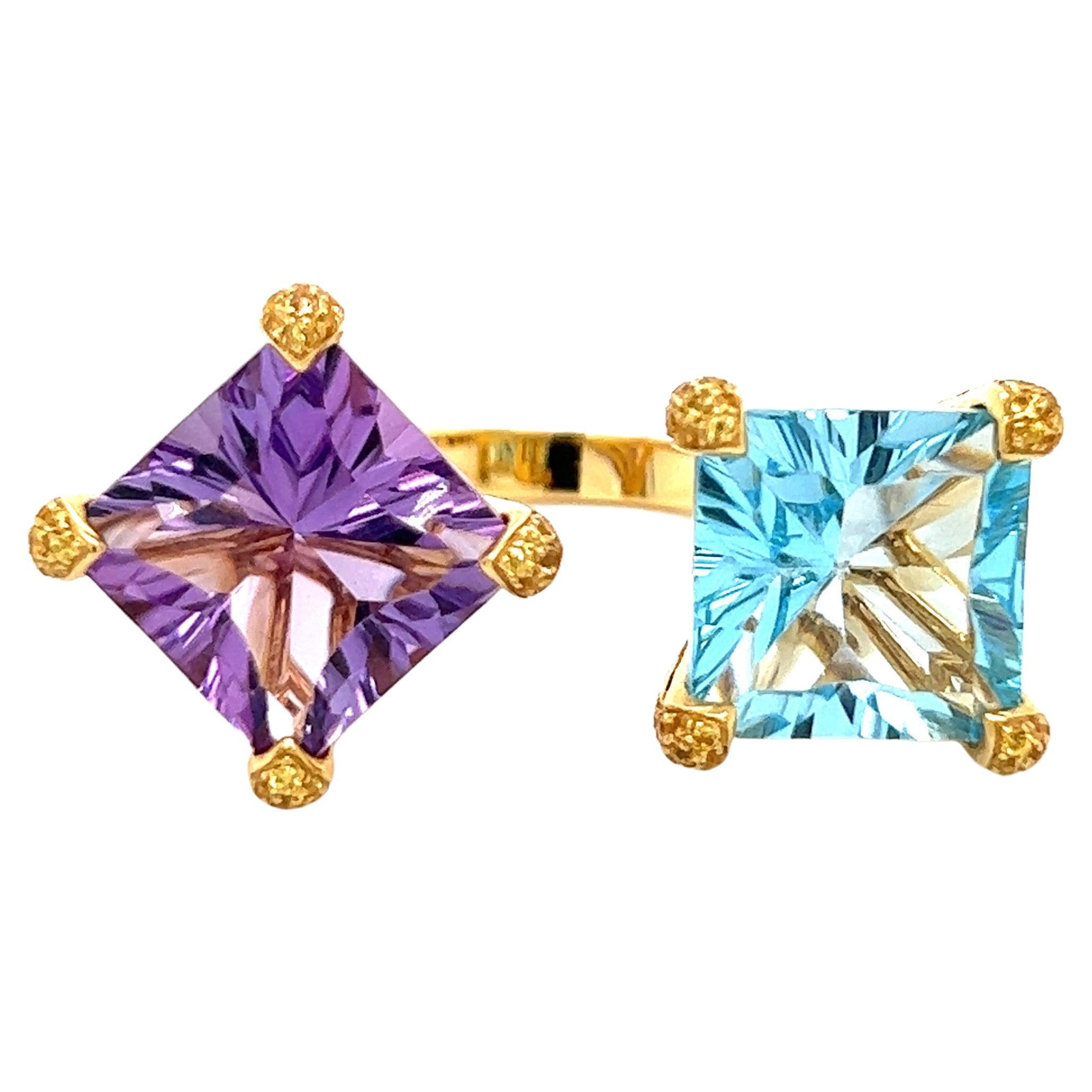 18K Yellow Gold Ring with Brazilian Topaz and Amethyst For Sale