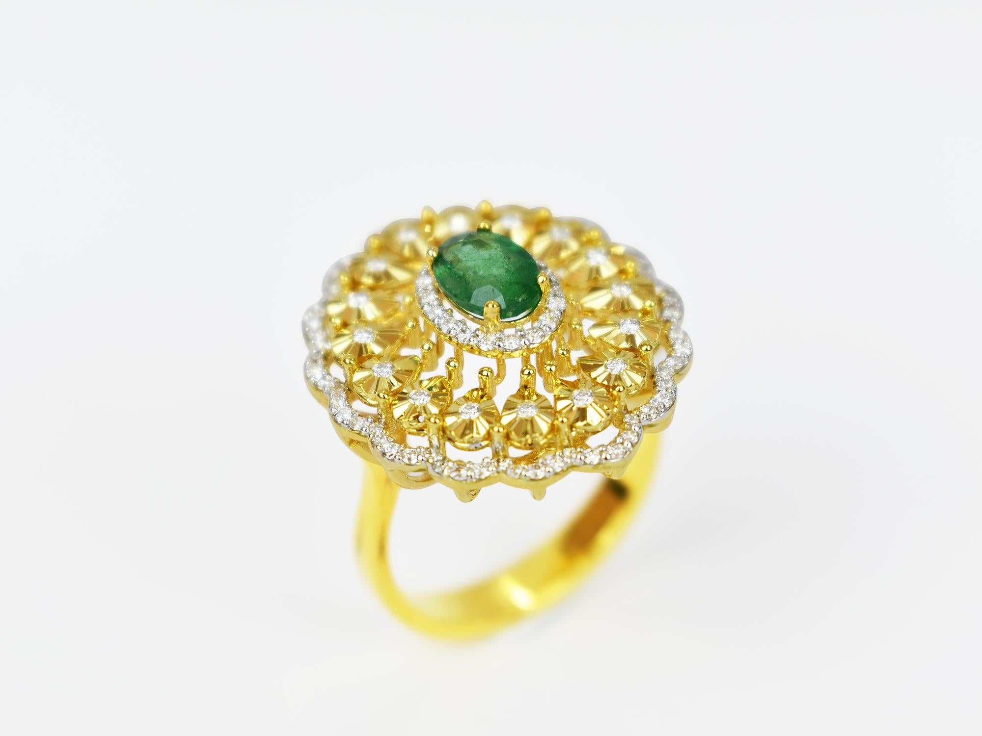 Art Nouveau 18k Ring Yello Gold Ring Diamond Ring Emerald Ring Emerald Oval Ring Gold For Sale